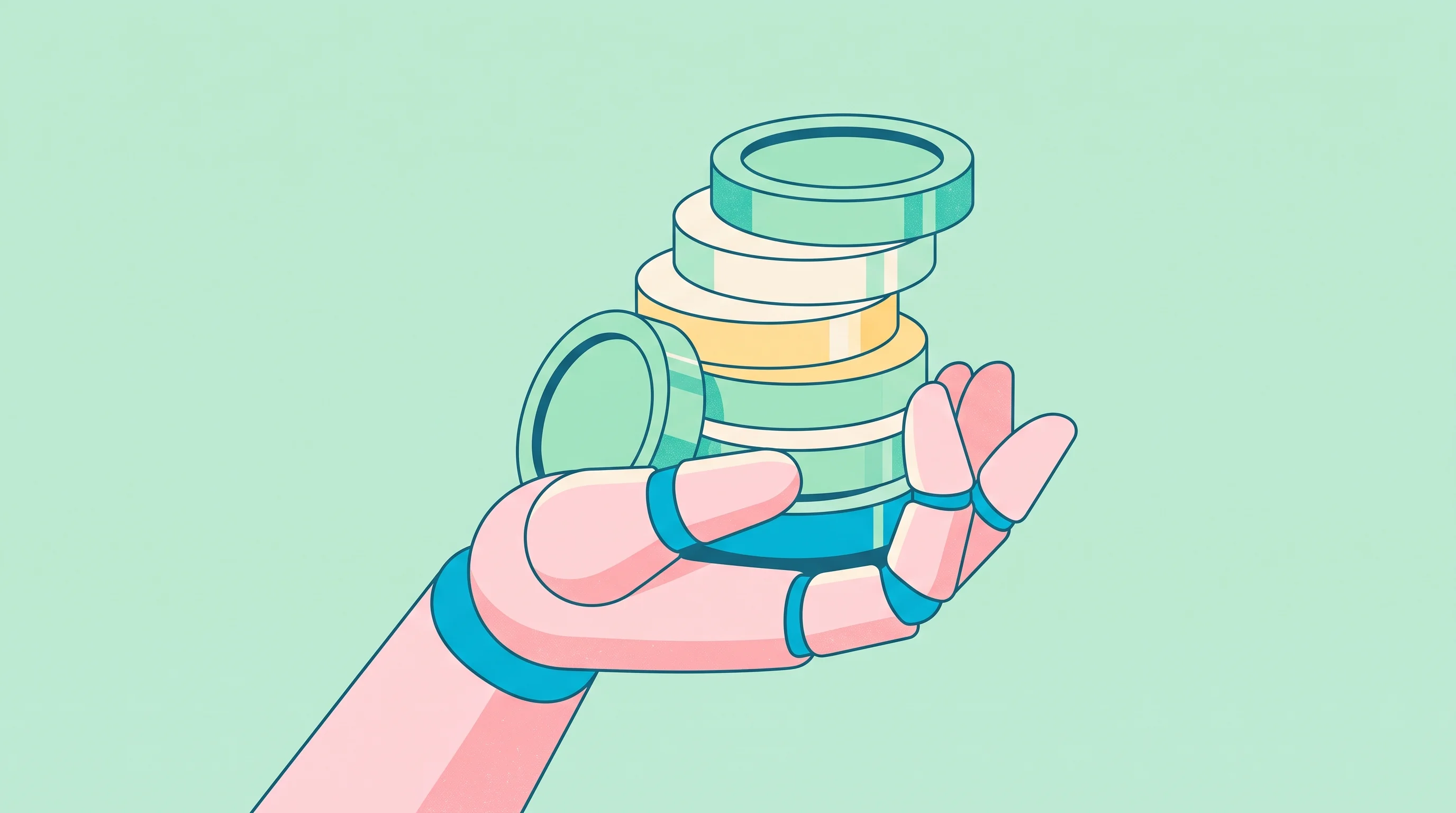 Digital illustration for article section "Content Section 3" in "Maven Robotics raises $100M for industrial robots" - A clean and minimalist flat vector illustration of a modern, stylized robotic hand gently holding a ...