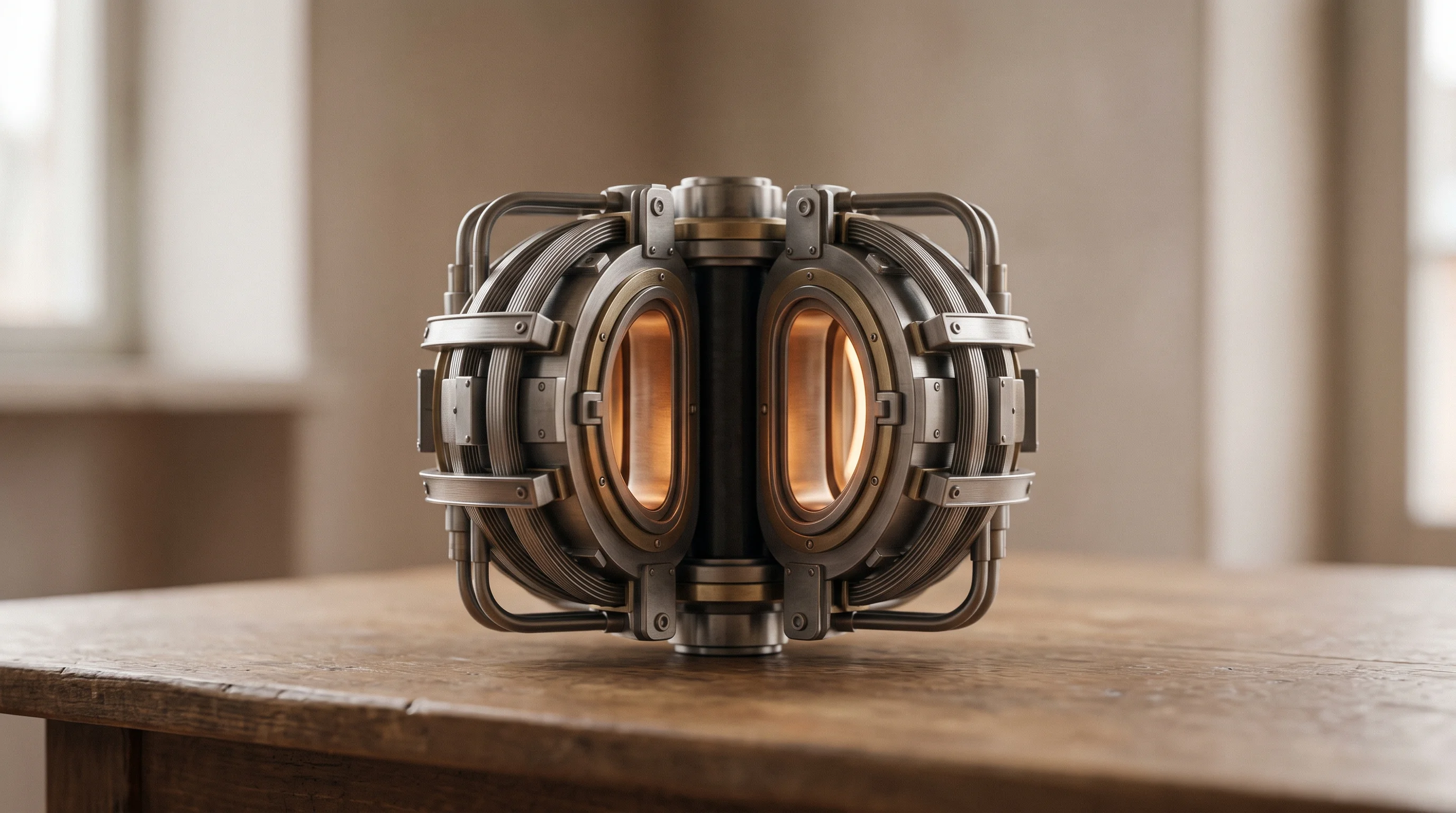 Digital illustration for article section "Fusion Bets and Microreactor Plays" in "Nuclear startups raise record $6B+ amid AI power demands" - A clean, minimal composition featuring a conceptual, donut-shaped tokamak fusion microreactor restin...
