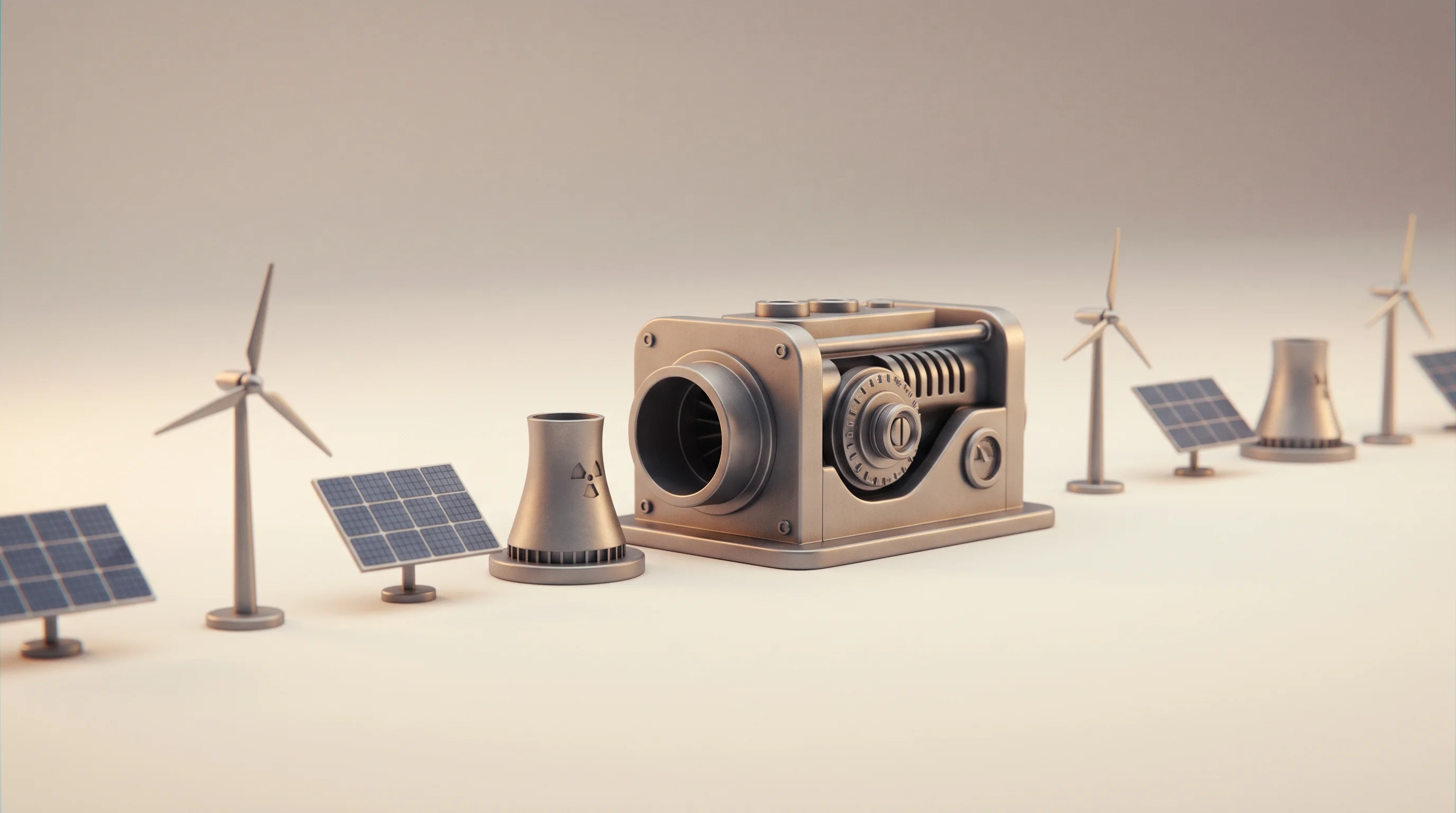 Digital illustration for article section "Grid Operators Brace for the Influx" in "Nuclear startups raise record $6B+ amid AI power demands" - A clean, minimal, and conceptual 3D render illustrating the massive influx of new energy proposals e...