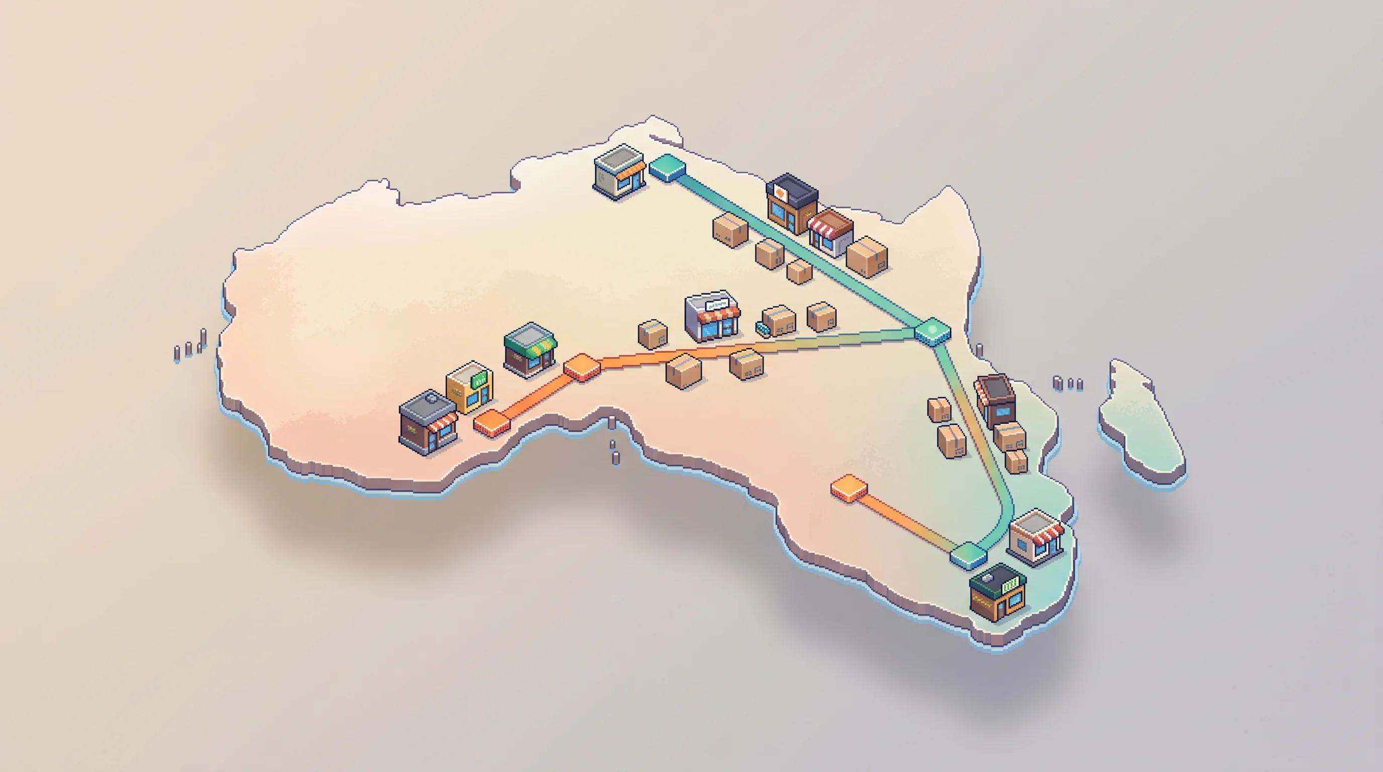 Digital illustration for article section "Content Section 2" in "Kora launches One Rail for stablecoin payments in Africa" - A clean, minimalist isometric pixel art illustration of a stylized African continent floating agains...