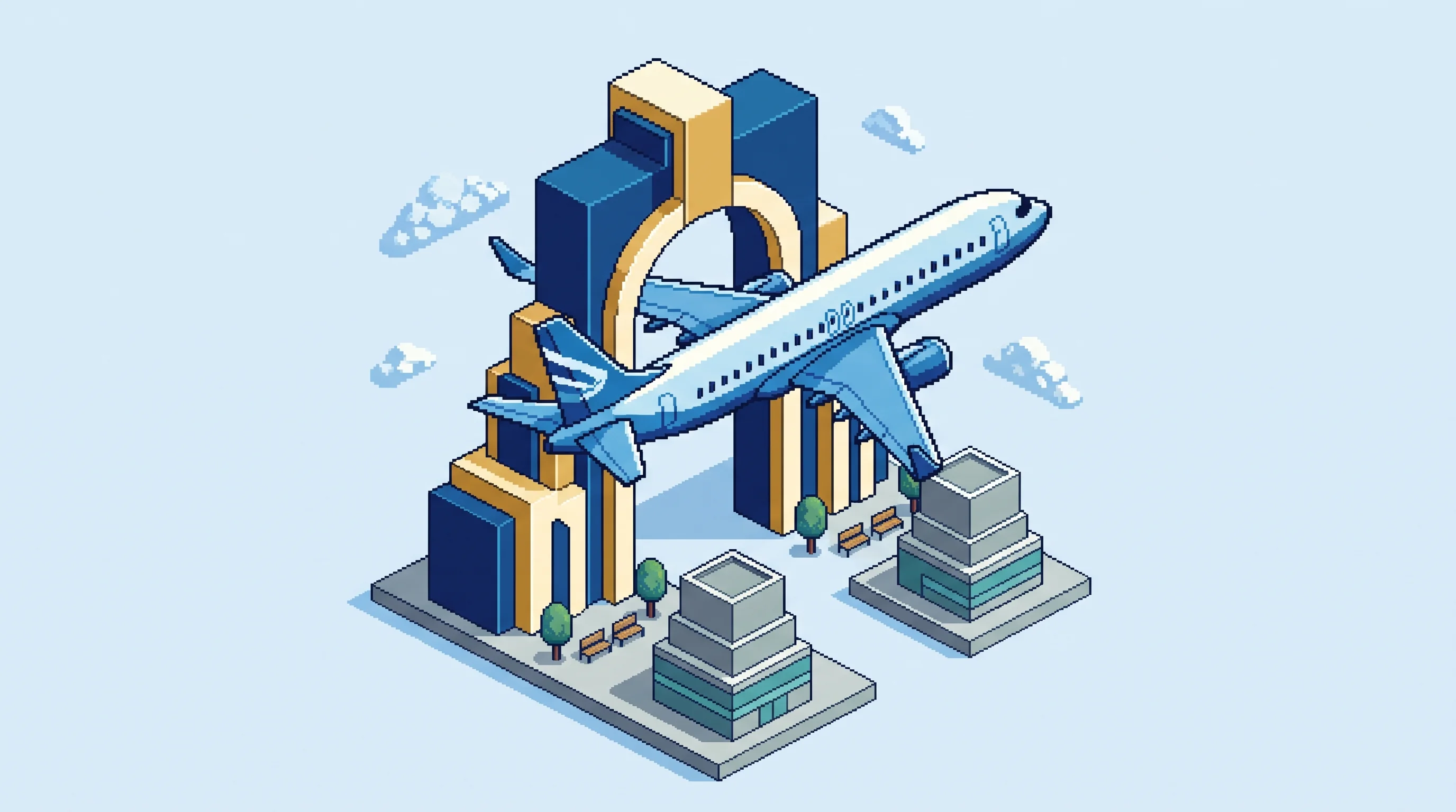 Digital illustration for article section "Content Section 3" in "Kora launches One Rail for stablecoin payments in Africa" - A clean, minimalist isometric pixel art composition of a sleek commercial airplane soaring upward th...