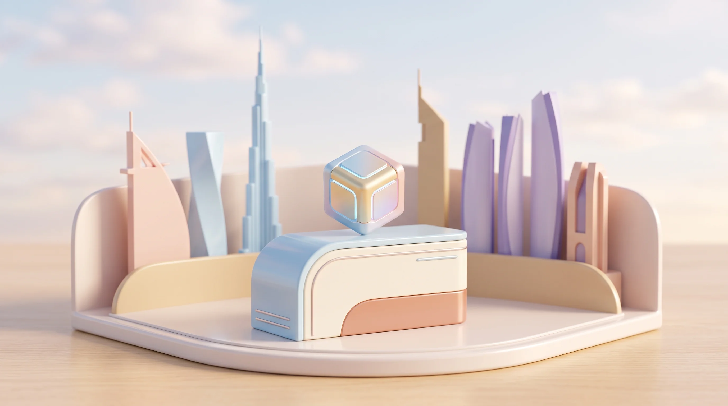 Digital illustration for article section "Content Section 4" in "MetisJean raises $3M to launch sovereign AI OS for UAE firms" - A delicate 3D cartoon miniature model of a sleek, modern presentation podium set against a stylized,...