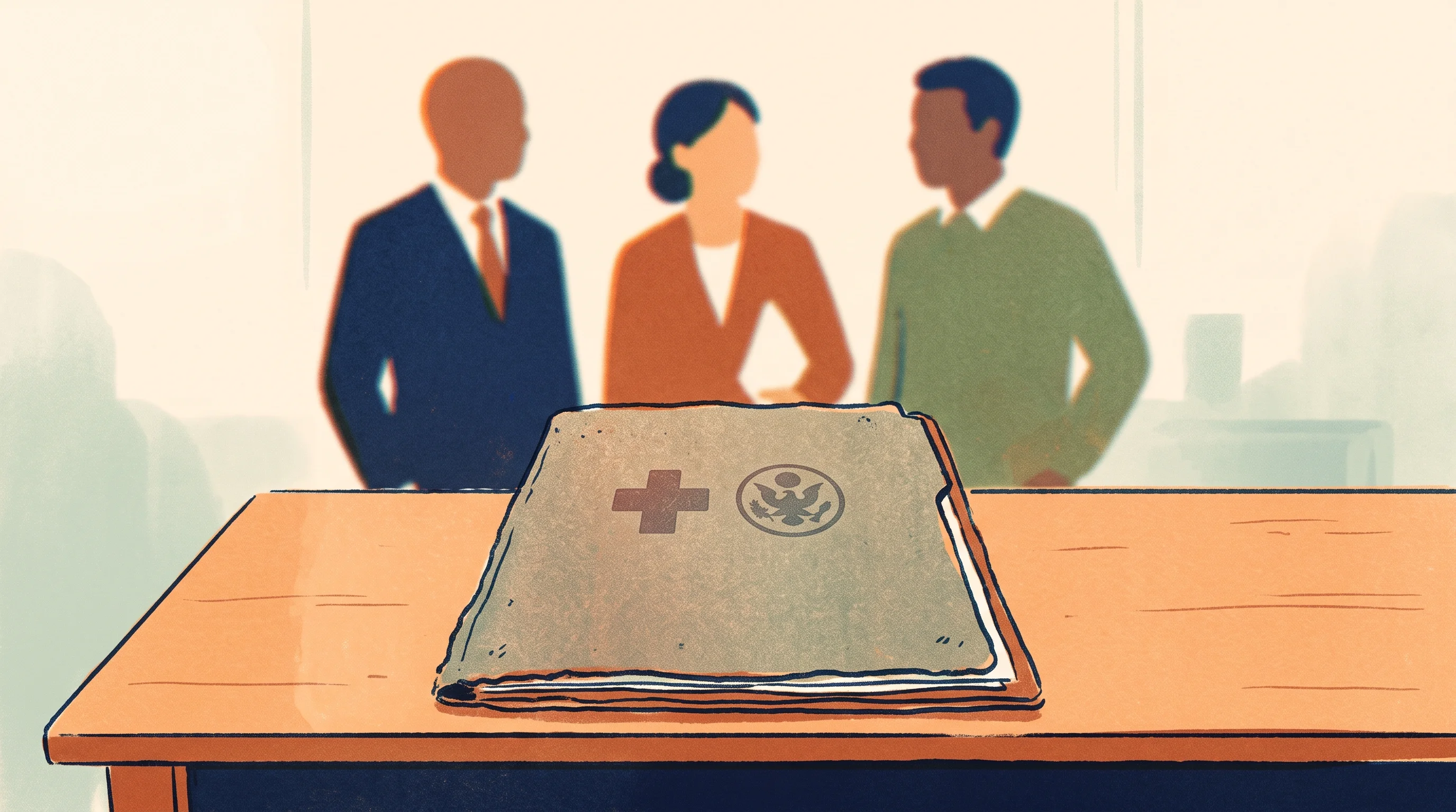 Digital illustration for article section "Leadership with Government Ties" in "Autopoiesis Sciences raises $11M to build AI research partner" - A minimalist and conceptual illustration representing executive leadership with government health ti...