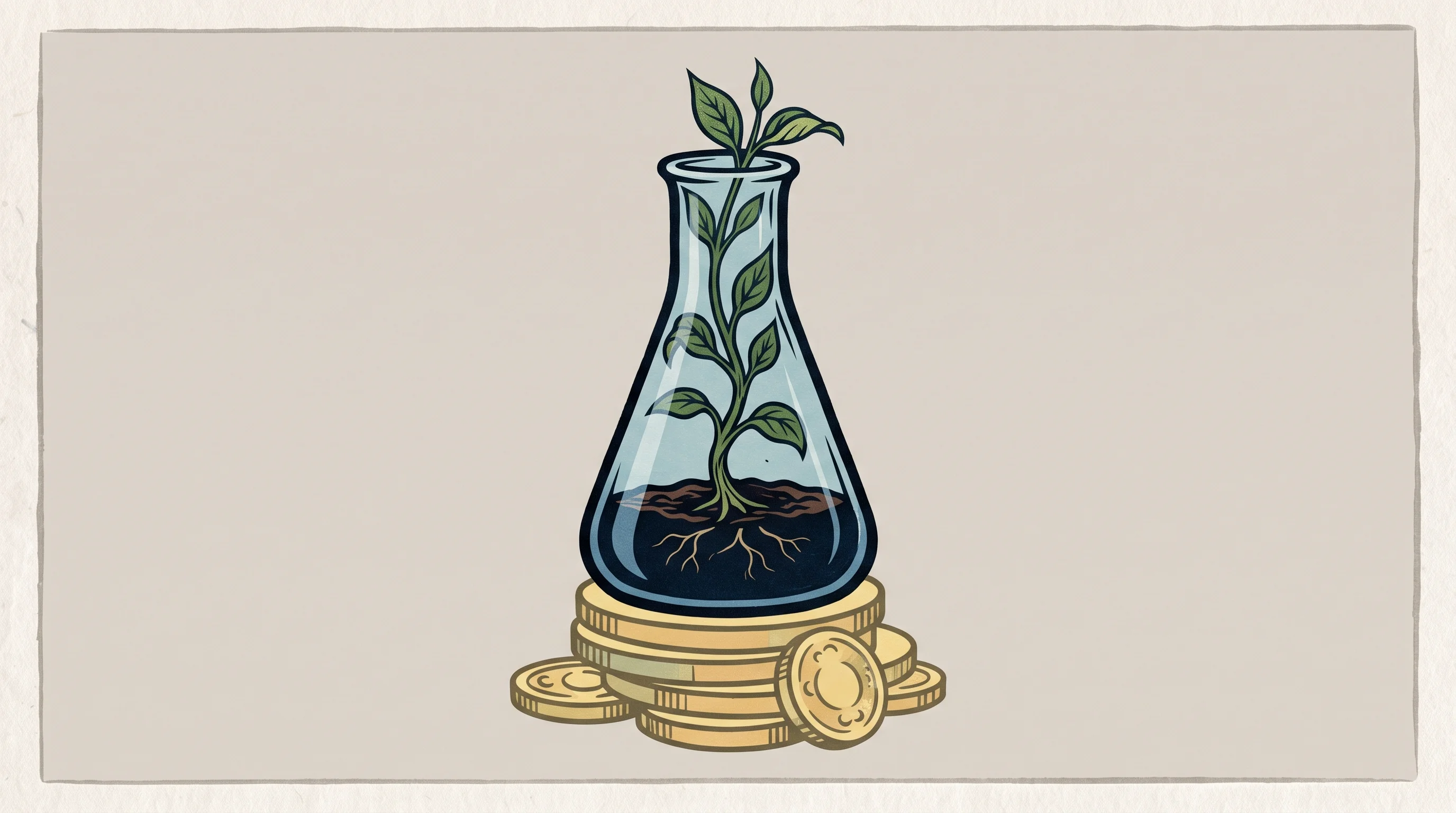 Digital illustration for article section "Content Section 4" in "Skopos Bio raises $8.3M for radiopharmaceutical cancer therapy" - A conceptual and minimalist illustration of a sleek scientific flask acting as a bioincubator, nurtu...