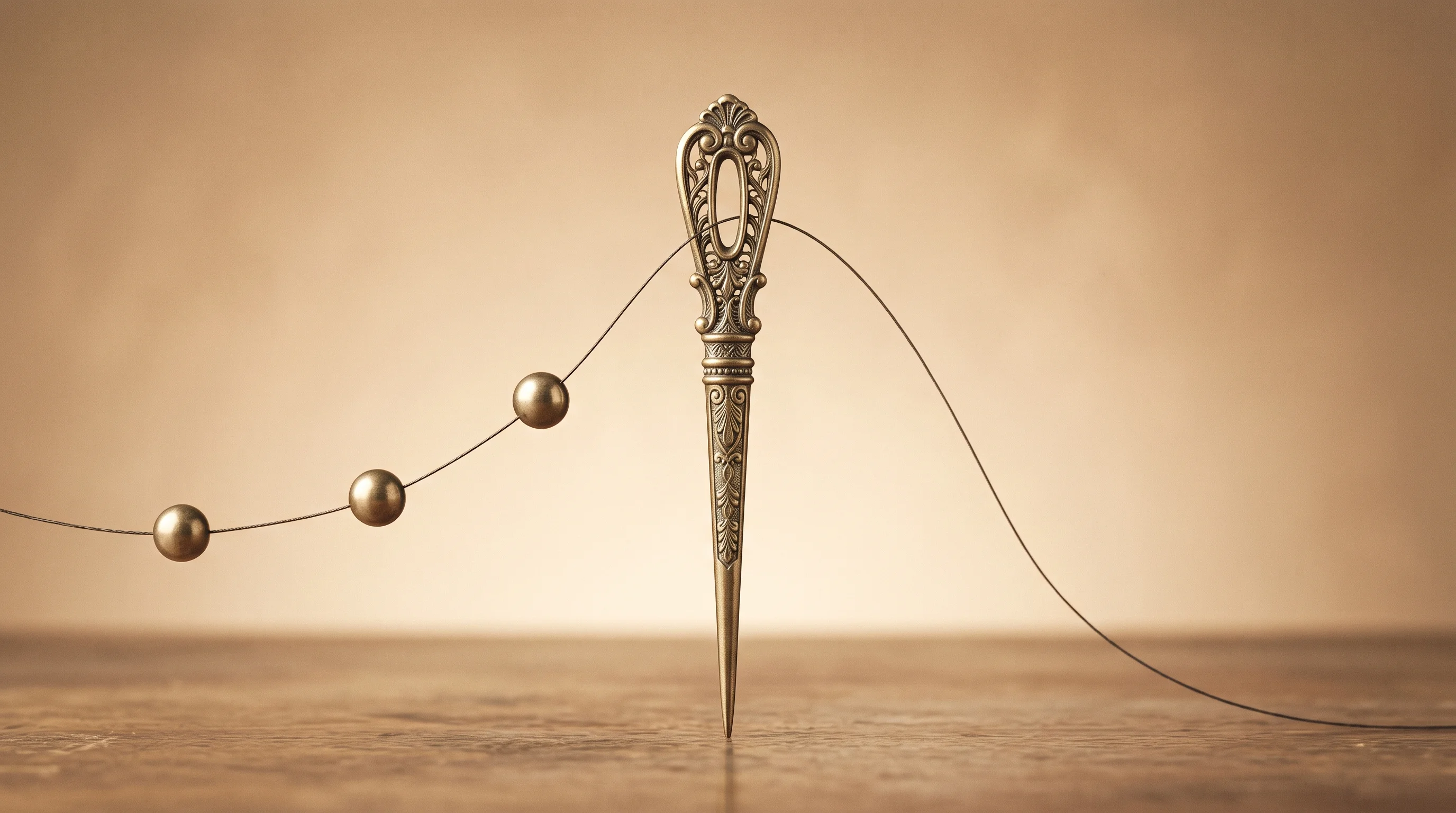 Digital illustration for article section "Threading Regulatory Needles" in "Invertix deploys AI agents across 2GW energy infrastructure" - A clean, minimal conceptual image centered on a single, beautifully ornate, oversized metallic needl...