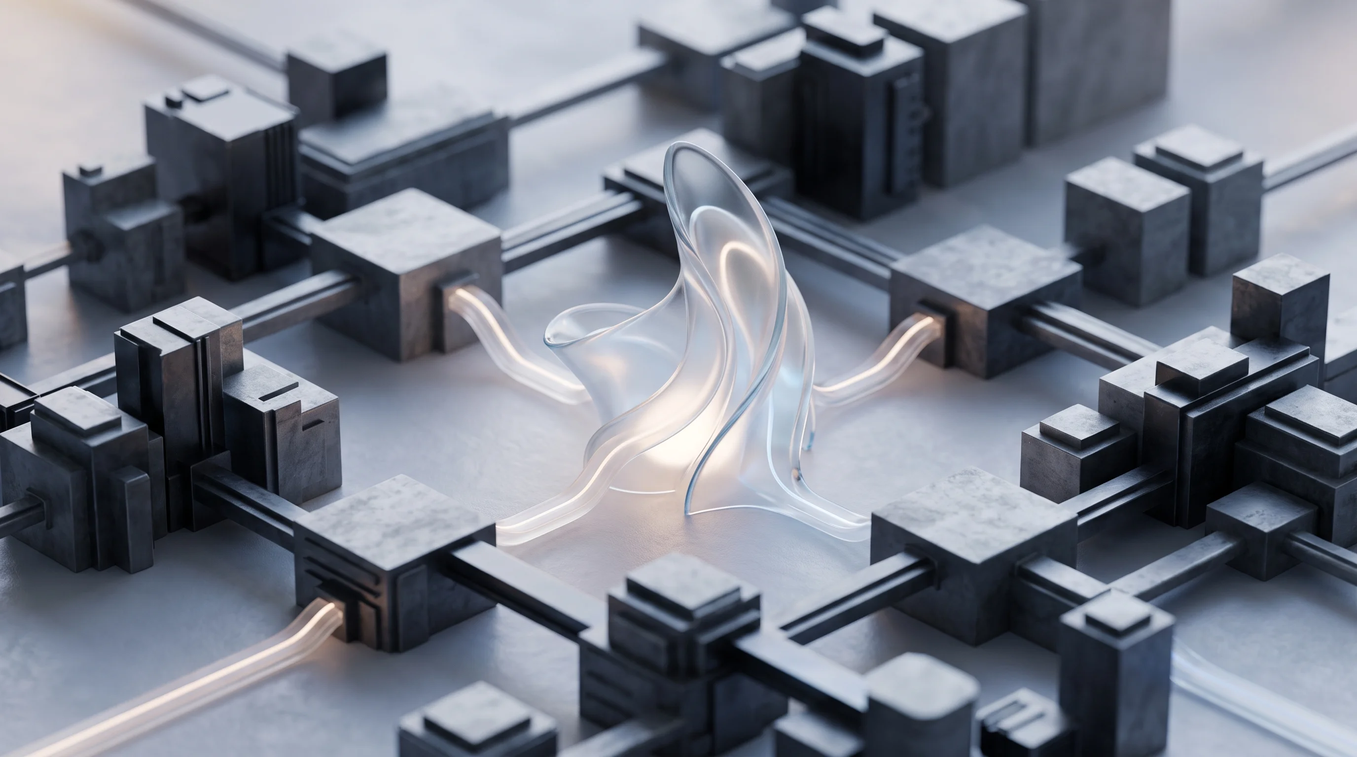 Digital illustration for article section "A crowded but evolving landscape" in "Procuros raises $22.5M to build AI-native B2B trade platform" - A minimalist and abstract representation of a crowded but evolving business network landscape, featu...