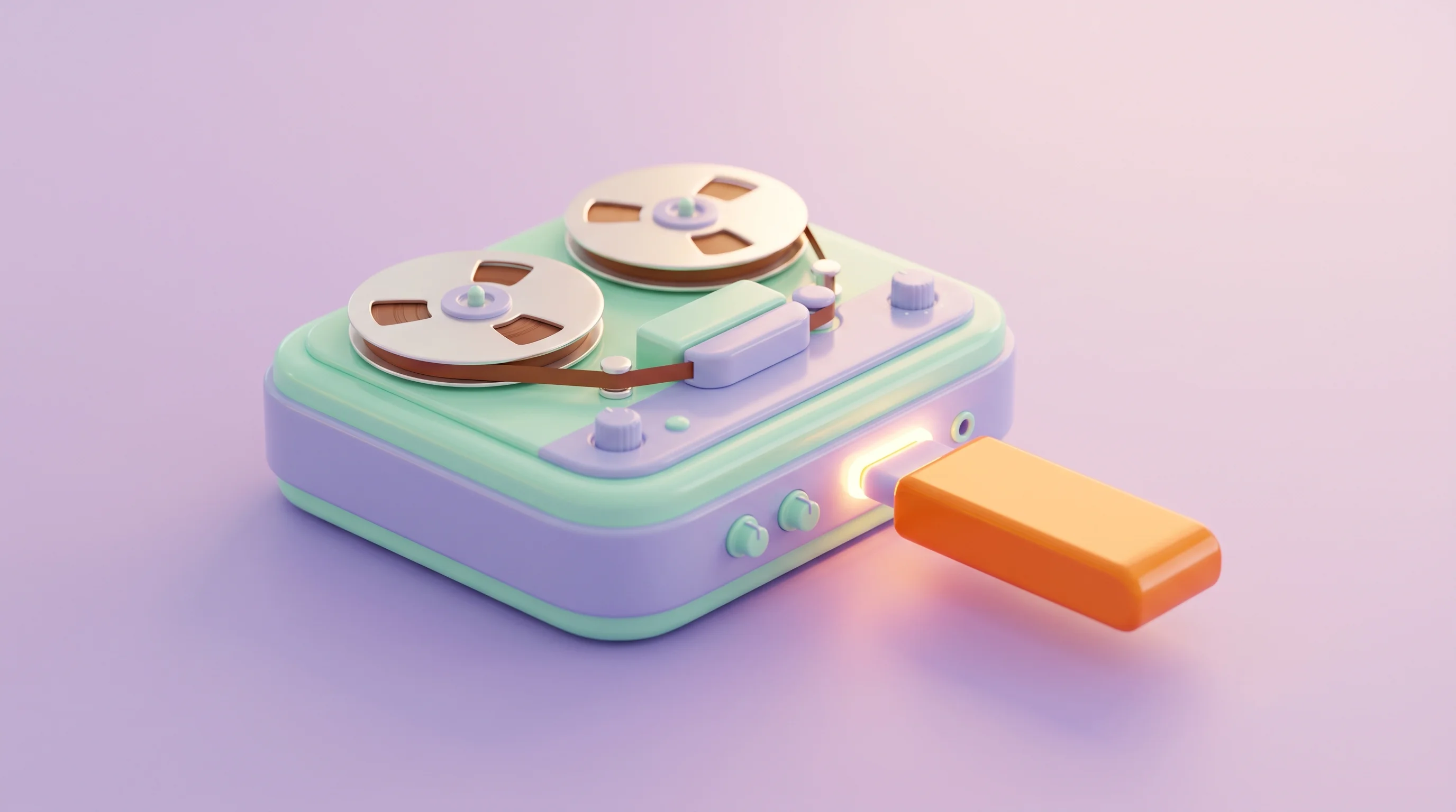 Digital illustration for article section "Technical Capabilities Built for Legacy Systems" in "ByteAsk raises $1M to build AI coding agent for C/C++" - A clean, minimal 3D cartoon miniature model of a neo-retro reel-to-reel tape console, visually repre...