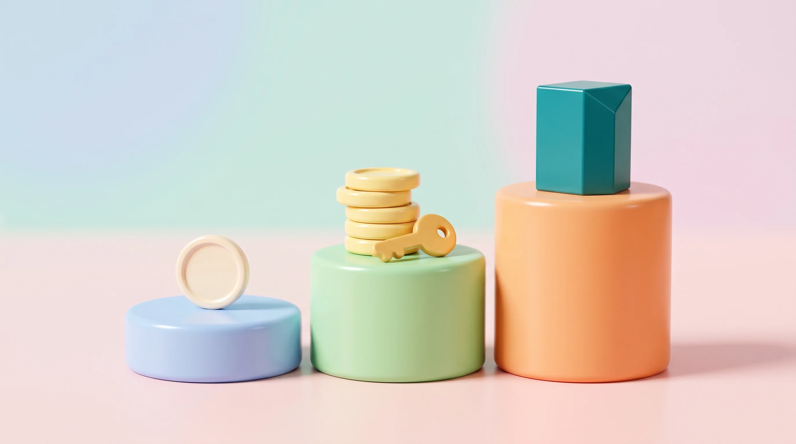 Digital illustration for article section "Pricing Structure Signals Enterprise Ambitions" in "ByteAsk raises $1M to build AI coding agent for C/C++" - A clean, minimalist 3D cartoon miniature model depicting three escalating display podiums that repre...
