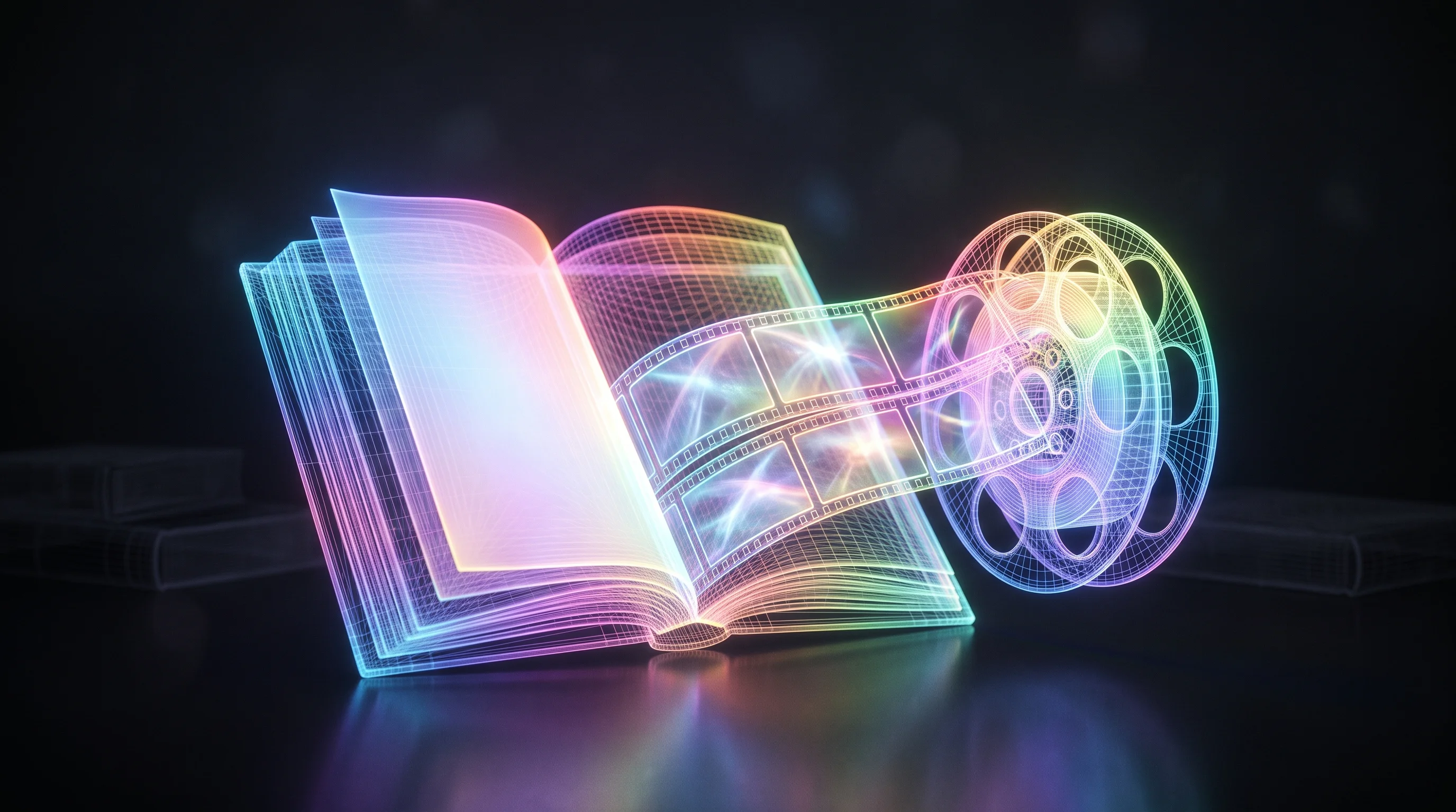 Digital illustration for article section "A Crowded Field, With a Twist" in "Authors First raises $10M for AI book-to-screen platform" - A clean, minimalist conceptual image representing the transition from literary manuscript to cinemat...