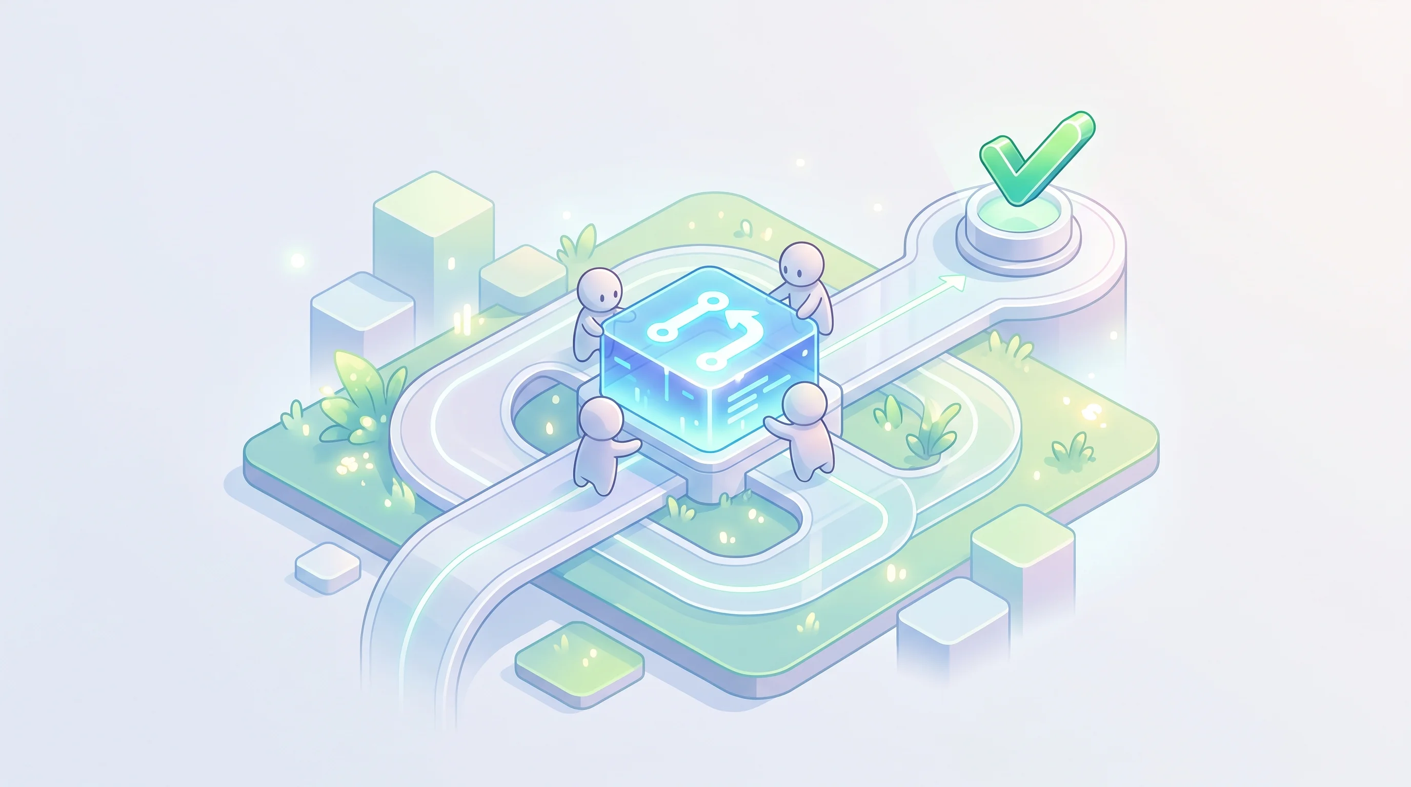 Digital illustration for article section "Content Section 3" in "Simulithic launches AI-driven production monitoring" - A clean, minimalist conceptual representation of an automated CI/CD pipeline and code testing proces...