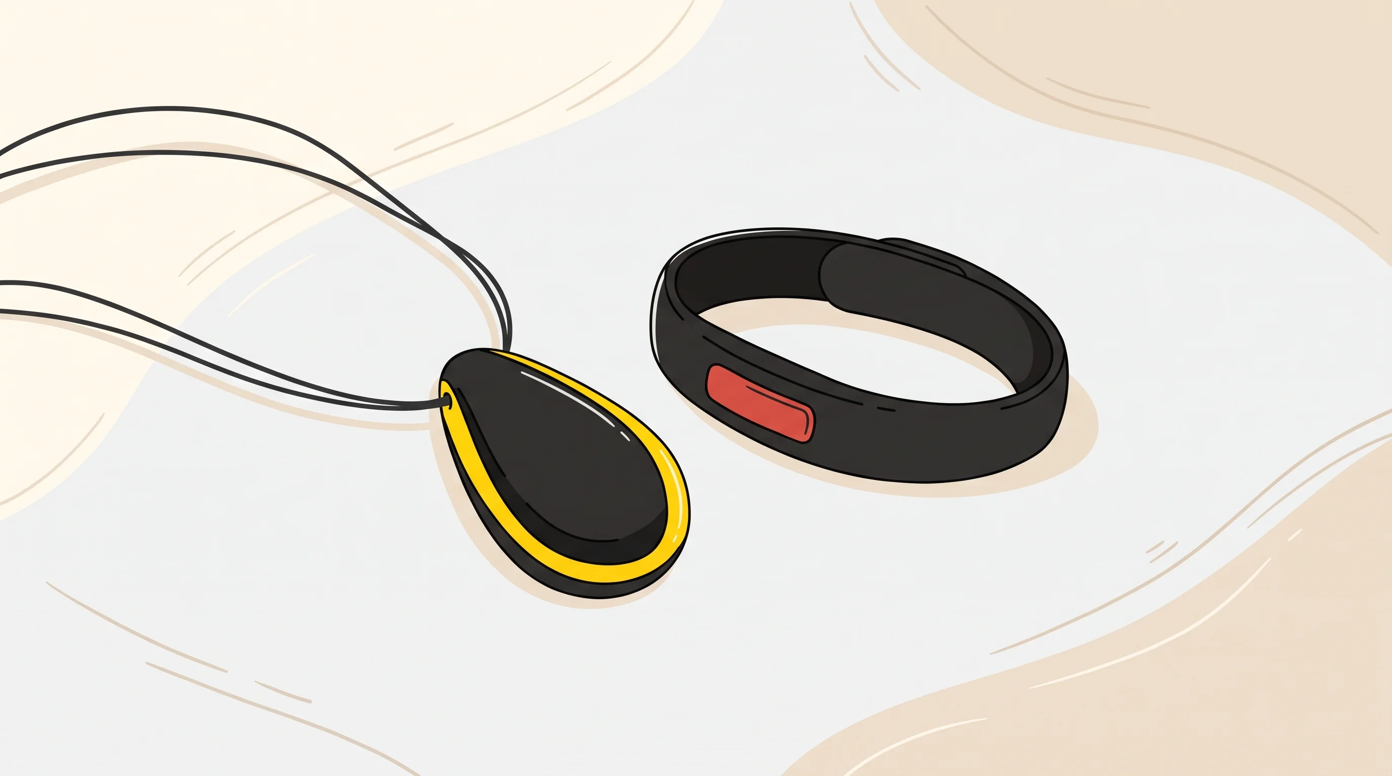 Digital illustration for article section "Content Section 3" in "Vexo launches $199 AI bracelet that acts without prompts" - A sleek, modern wearable technology pendant and matching wristband resting elegantly on a minimalist...
