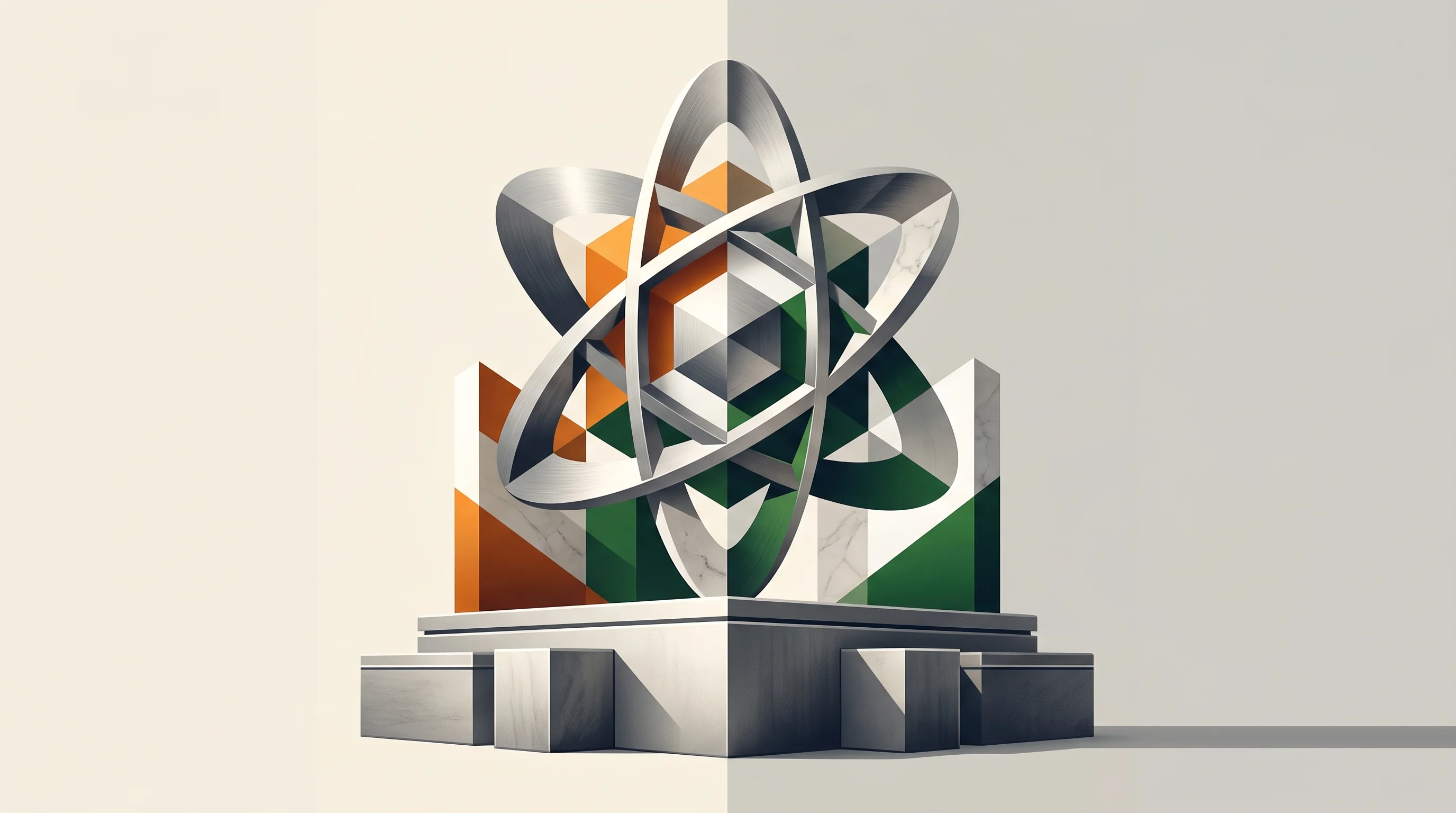 Digital illustration for article section "Content Section 3" in "Quanfluence raises $10M to build photonic quantum computer" - A minimalist yet powerful Neo-Cubist composition symbolizing major institutional financial commitmen...