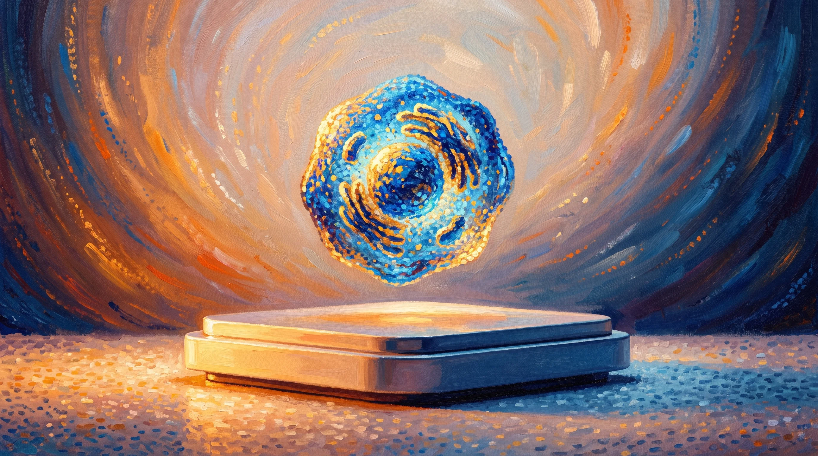Digital illustration for article section "Building in Paris" in "Rivercell raises $25M to build AI world model of the cell" - A conceptual, modern representation of predicting cellular behavior, featuring a single, dynamic bio...