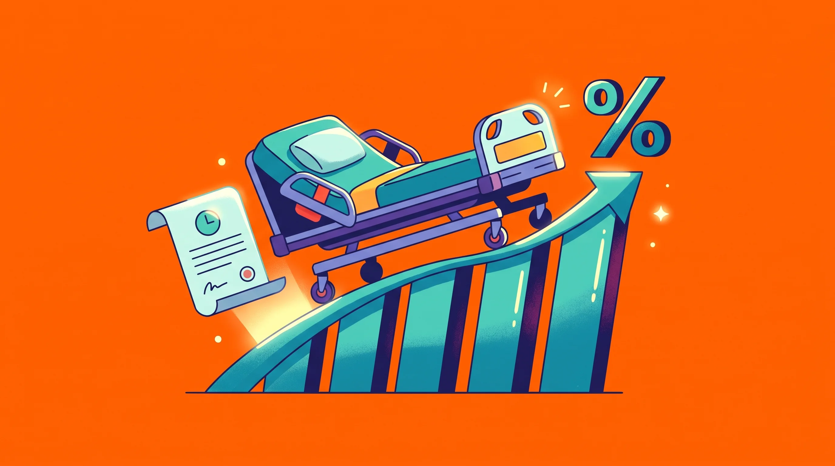 Digital illustration for article section "Content Section 2" in "Healthleap raises $38M for AI hospital screening platform" - A clean, minimal conceptual illustration featuring a stylized, modern hospital bed resting on a dyna...
