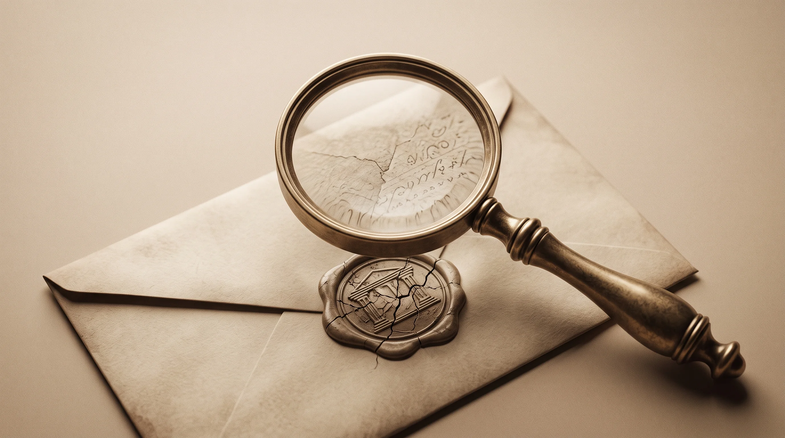 Digital illustration for article section "Content Section 2" in "V12 raises $10M to autonomously find critical vulnerabilities" - A single, elegant antique magnifying glass hovering over a partially unsealed, heavy parchment envel...