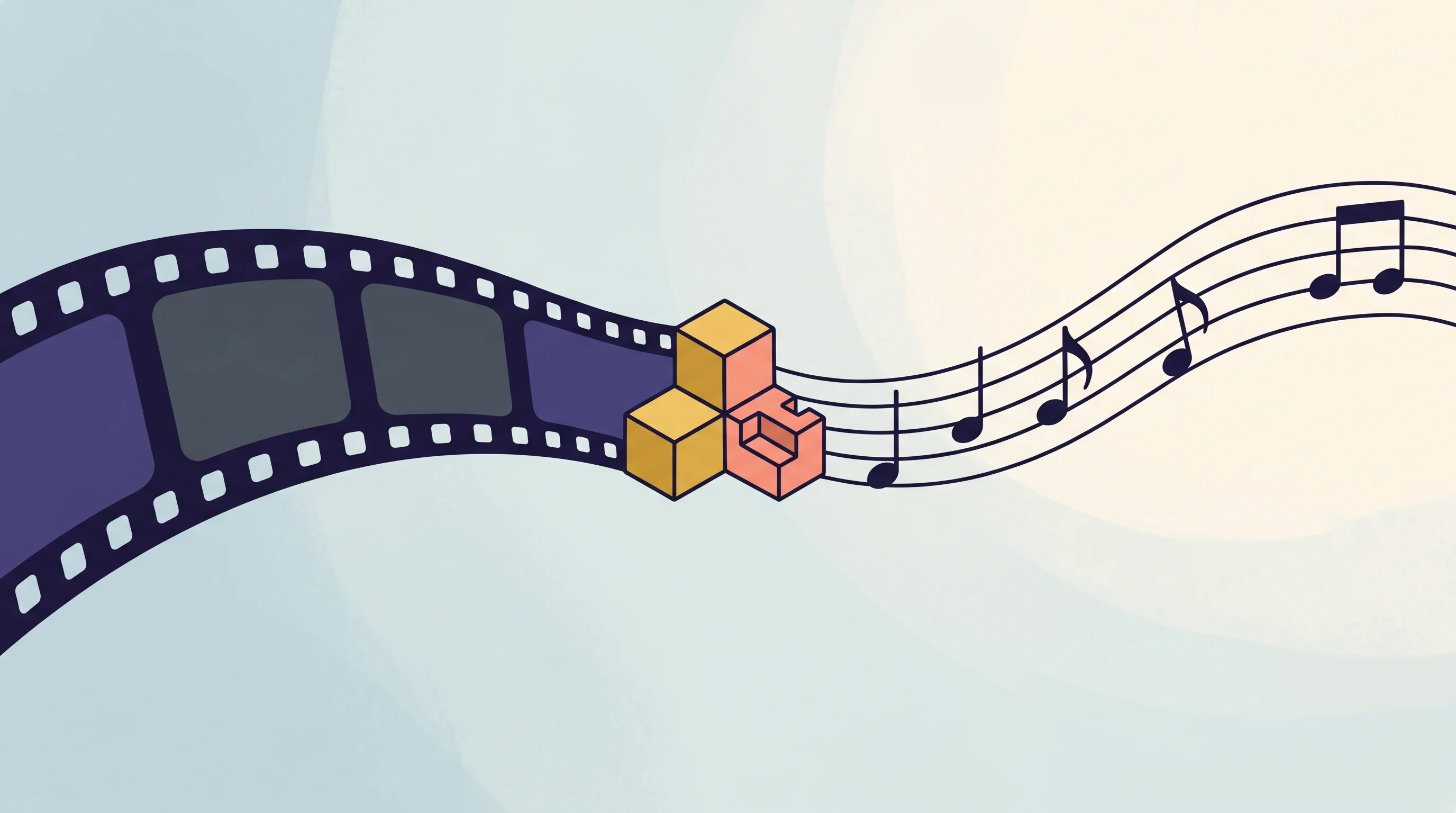 Digital illustration for article section "Distribution Through Developers" in "Sonilo raises $11M to sync AI music to video frame-by-frame" - A minimalist, expressive flat design illustration of a cinematic film strip seamlessly transforming ...