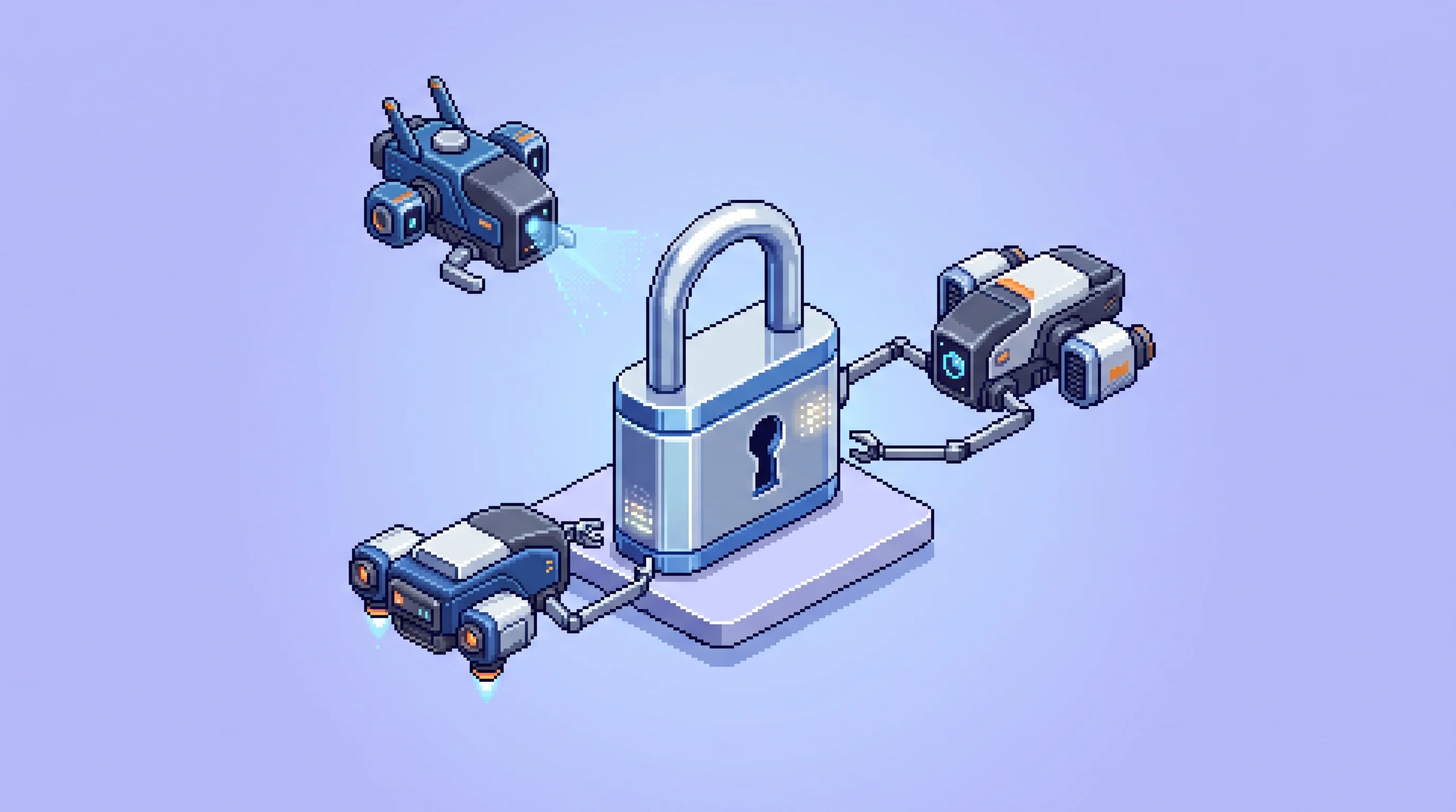 Digital illustration for article section "An Increasingly Busy Category" in "Antigen launches AI agent that hacks and patches systems" - A clean, minimalist isometric pixel art illustration representing an increasingly busy market of aut...