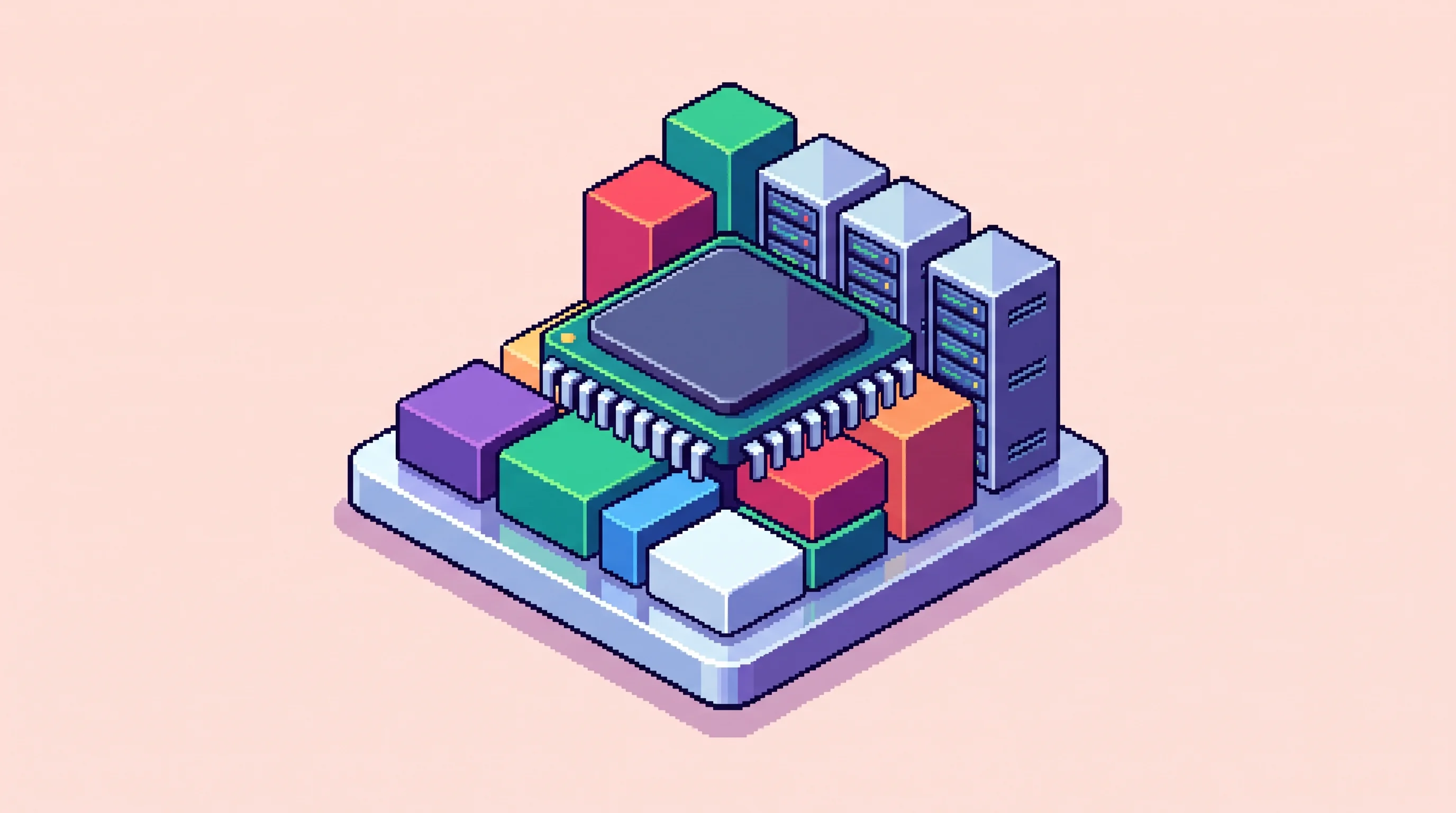 Digital illustration for article section "Content Section 3" in "Phinity Labs raises $5.2M to build prompt-to-ASIC chip design" - An isometric pixel art illustration of a sleek, oversized microchip and modern server infrastructure...