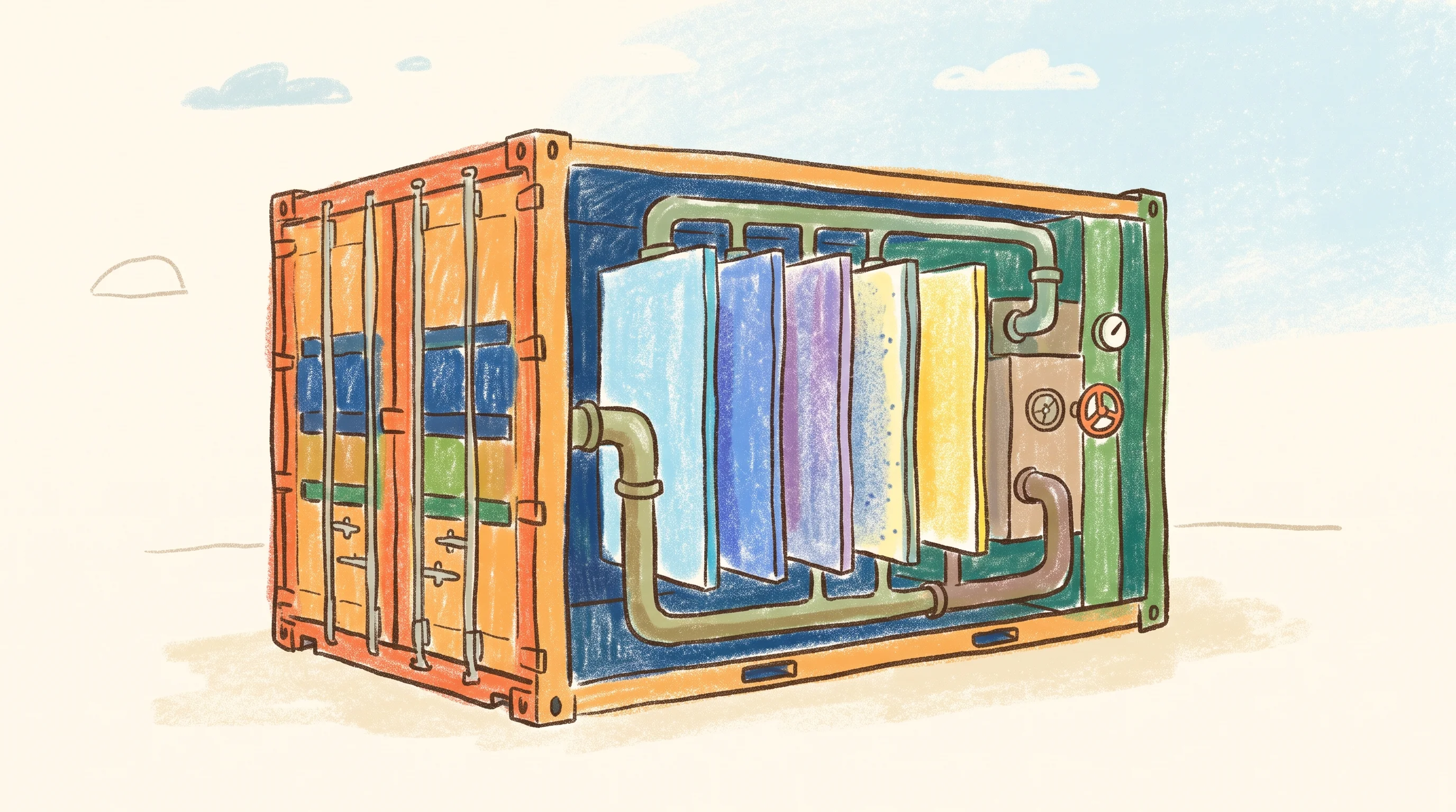Digital illustration for article section "Content Section 2" in "UniSieve raises $9M to scale industrial gas separation tech" - A conceptual, minimalist illustration of a compact industrial shipping container integrated with cle...