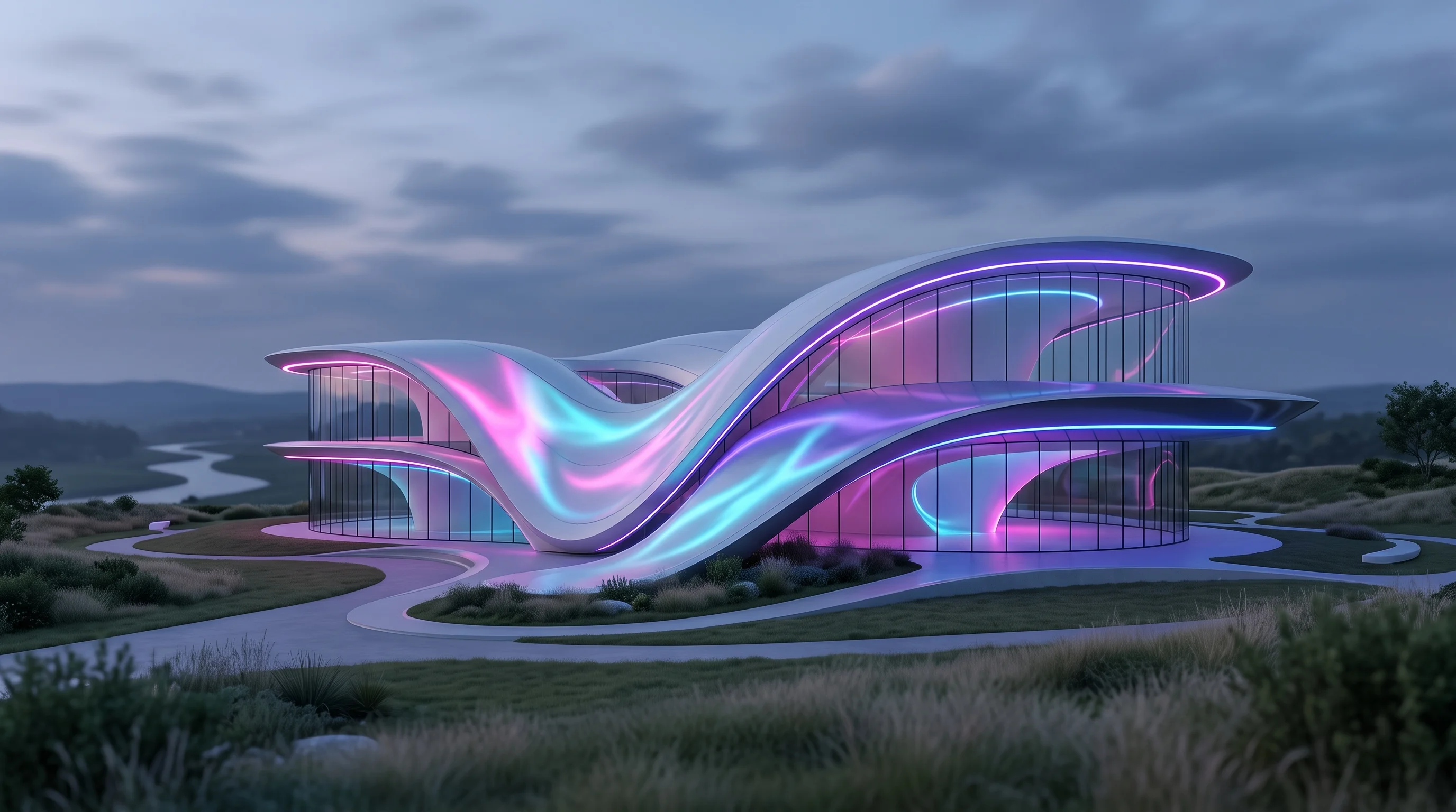 Digital illustration for article section "Content Section 2" in "SpectaCell raises $6.8M to speed cell therapy development" - A minimalist, modern architectural visualization of a sleek campus hub building named "The Nucleus,"...