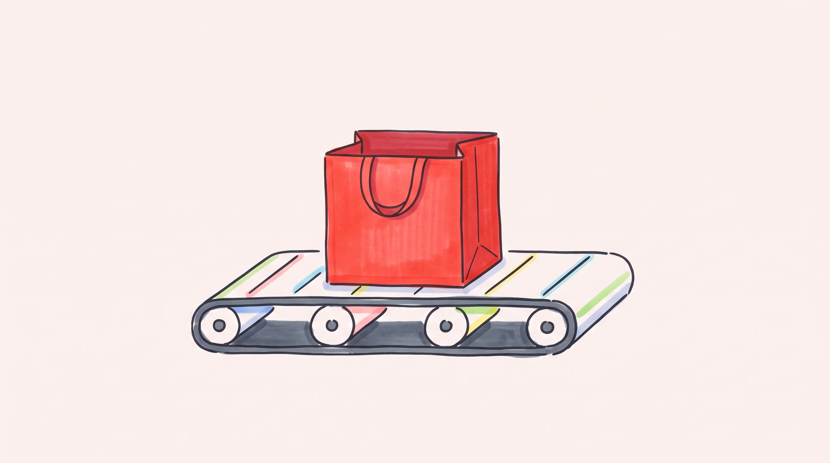 Digital illustration for article section "Content Section 2" in "Atomic raises $12.5M as AI takes over 90% of DashMart buying" - A clean, minimalist conceptual illustration of a bright red delivery tote bag resting on a simplifie...