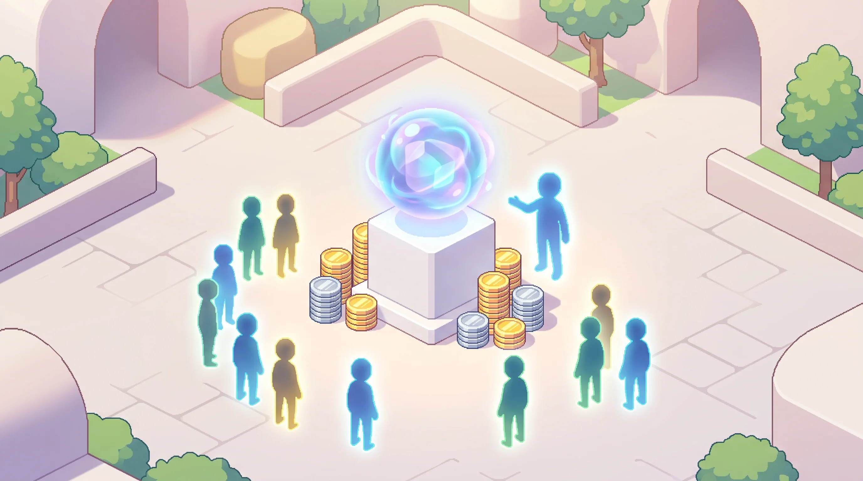 Digital illustration for article section "Content Section 5" in "Persona raises $10M to build AI assistant you can wear" - A top-down isometric perspective of a clean, minimalist marketplace pedestal showcasing a mysterious...