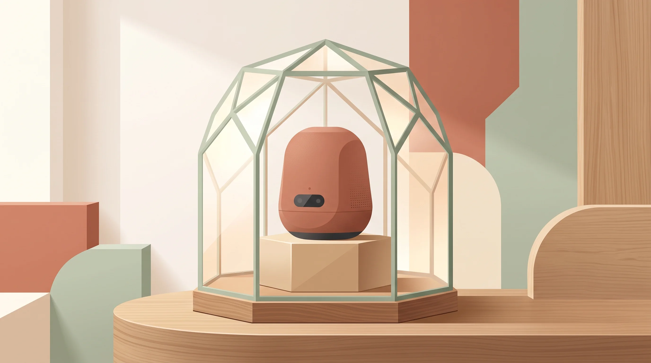 Digital illustration for article section "Content Section 2" in "Ghost launches Core computer with 87 tokens/sec AI processing" - A modern, minimalist smart device resting securely inside a soft, protective geometric dome, symboli...