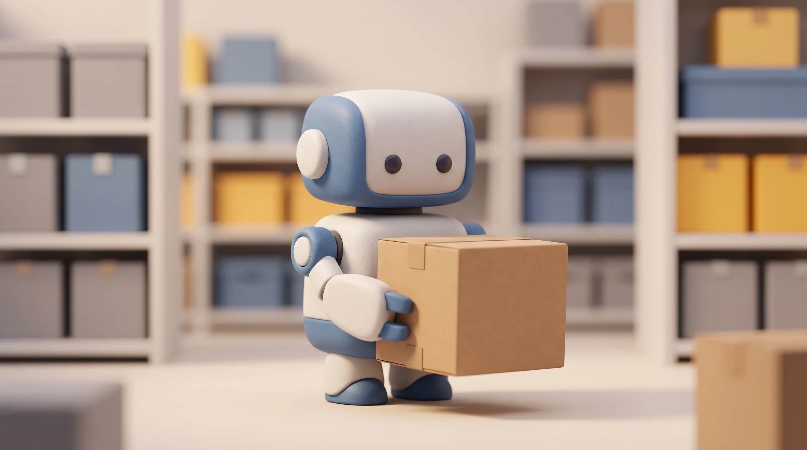 Digital illustration for article section "Content Section 2" in "Ultra raises $50M to scale warehouse packing robots" - A clean, minimalist 3D rendering of a modern warehouse robot gently lifting a cardboard package, set...