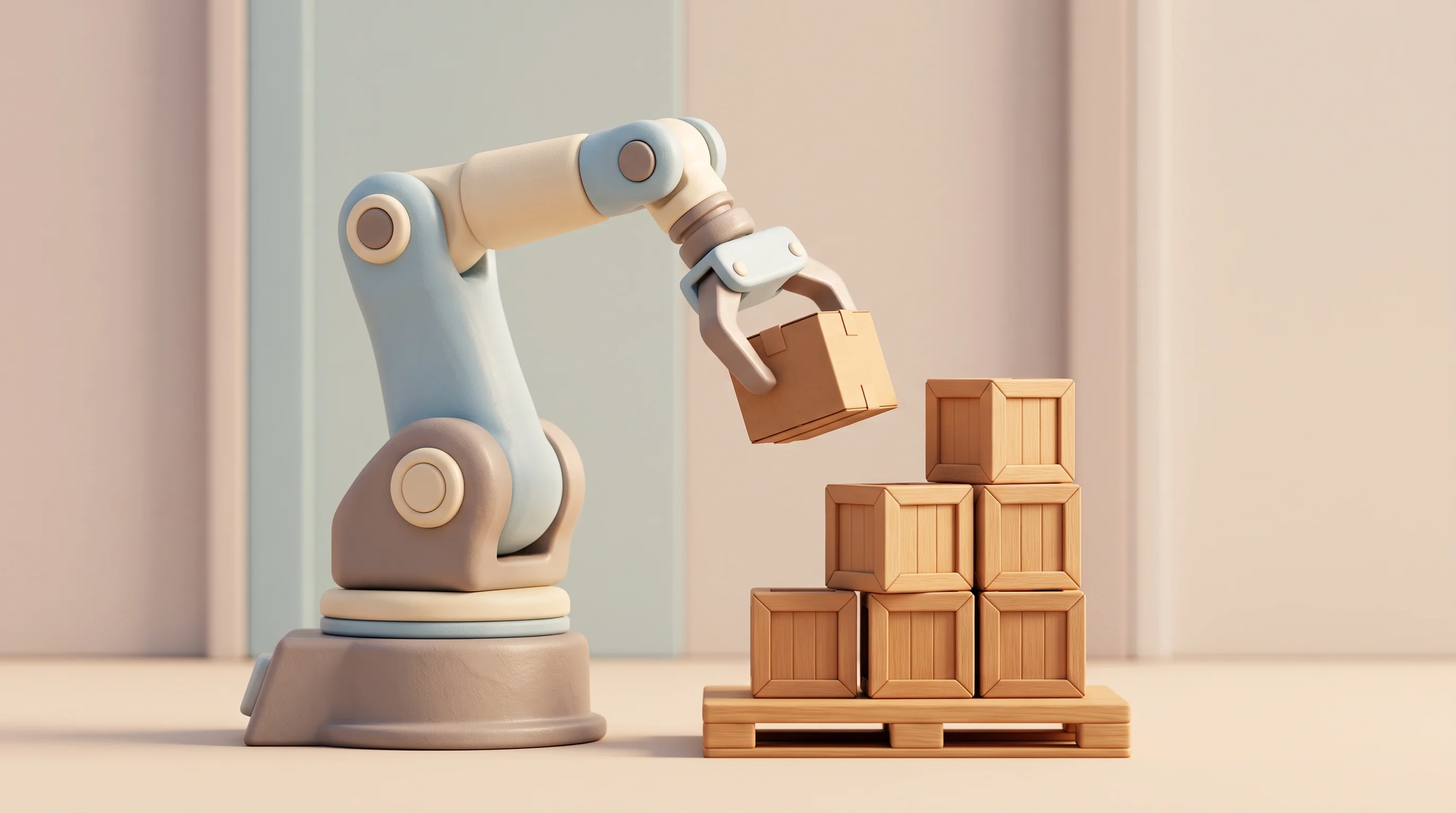 Digital illustration for article section "Content Section 3" in "Ultra raises $50M to scale warehouse packing robots" - A conceptual, clean, and minimal 3D illustration of a modern robotic picking arm gently lifting a sm...
