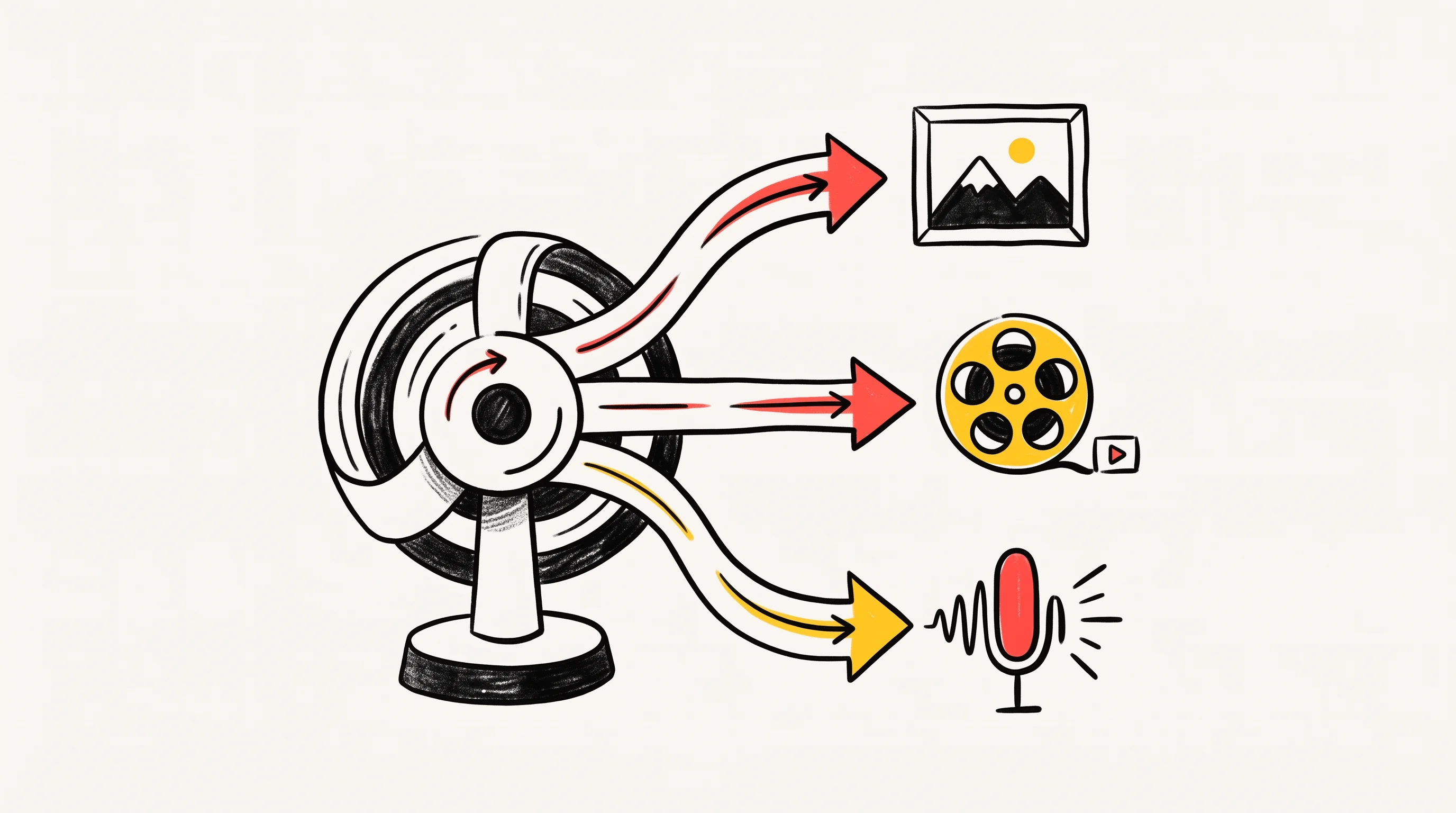 Digital illustration for article section "Content Section 2" in "Voyager launches AI harness for video production tools" - A conceptual, minimalist hand-drawn illustration depicting a central rotating carousel mechanism tha...