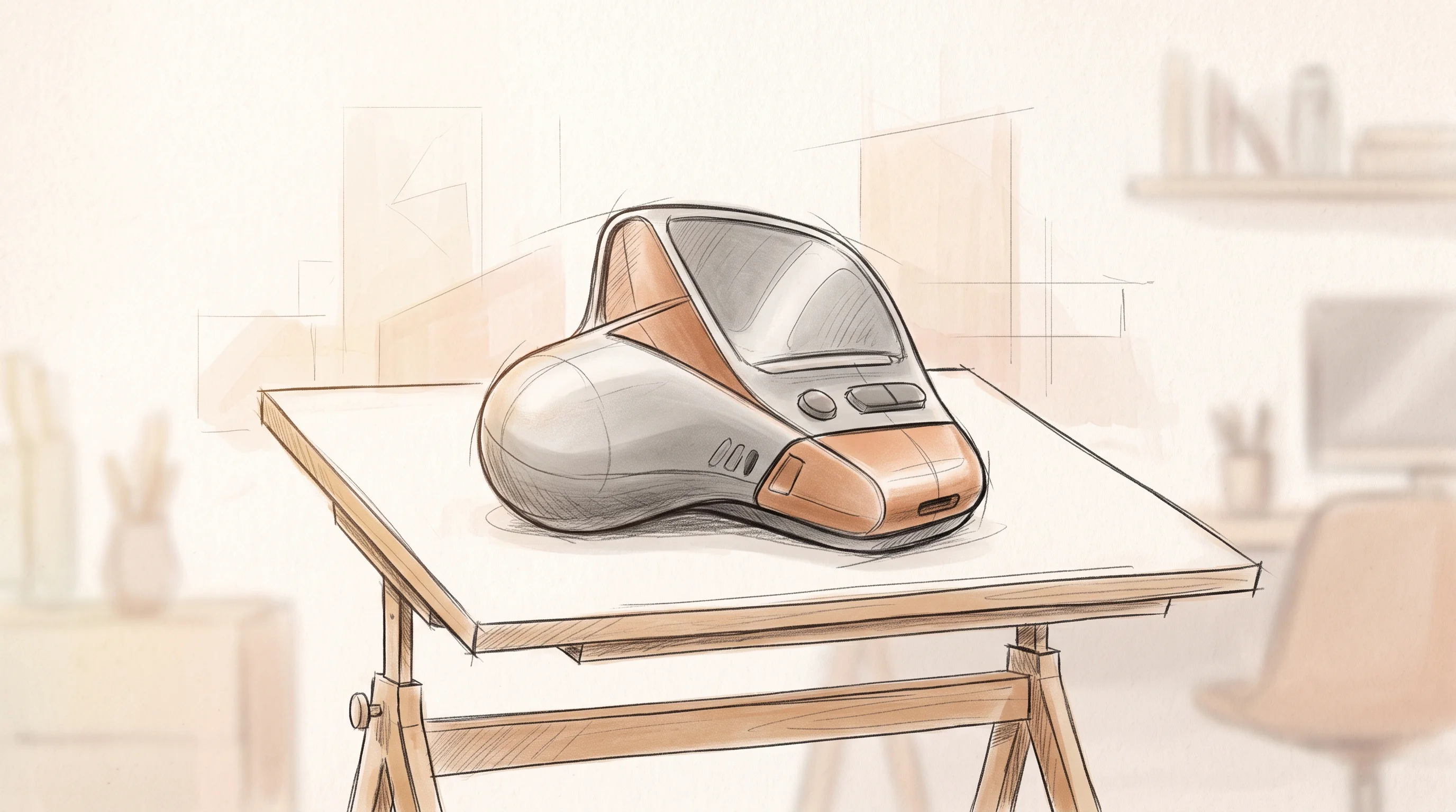 Digital illustration for article section "Content Section 2" in "Aina raises $5.5M to build AI-native hardware interfaces" - A clean, minimalist conceptual illustration of a sleek, abstract hardware prototype resting on a sim...