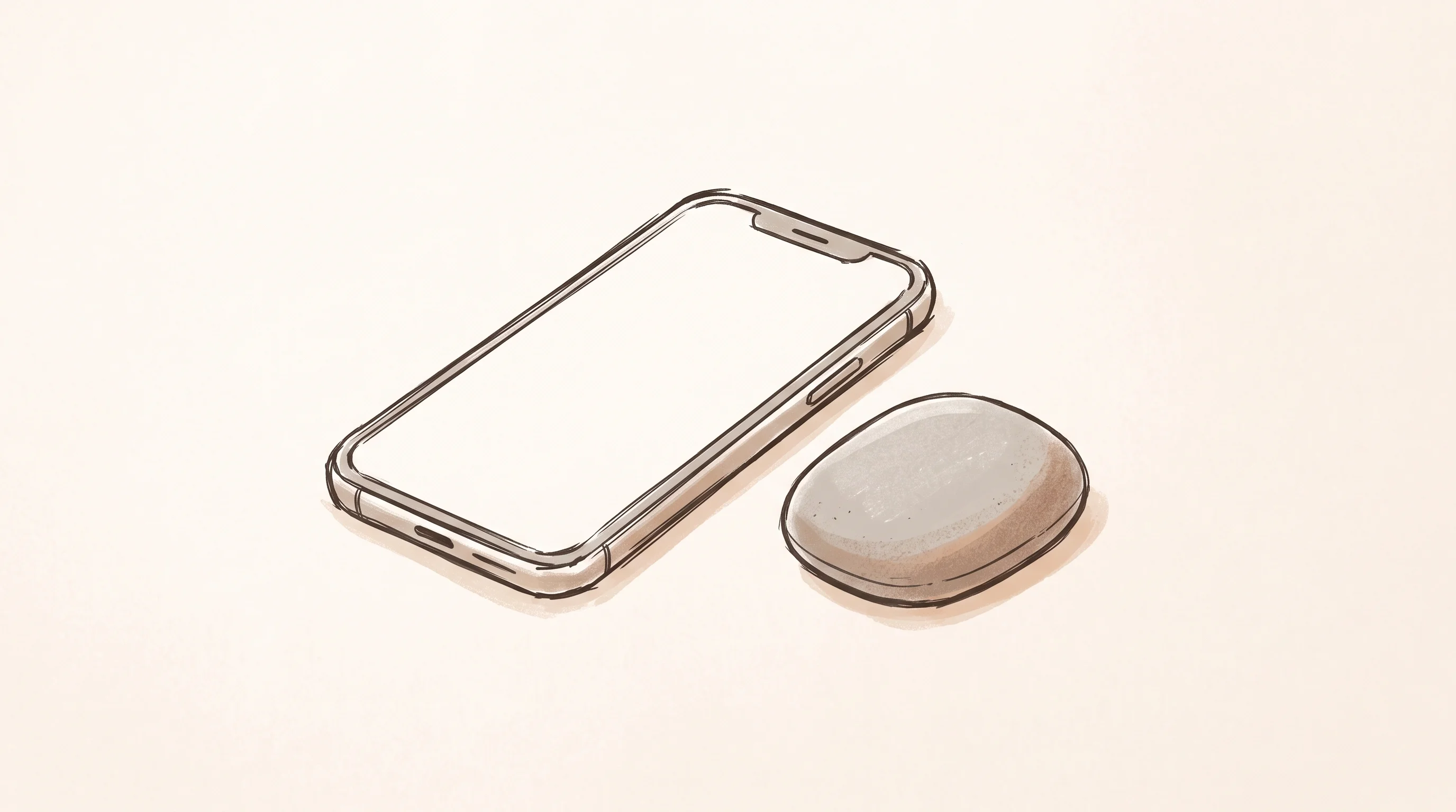 Digital illustration for article section "Content Section 4" in "Aina raises $5.5M to build AI-native hardware interfaces" - A minimalist, hand-drawn sketch illustration depicting a sleek modern smartphone resting peacefully ...