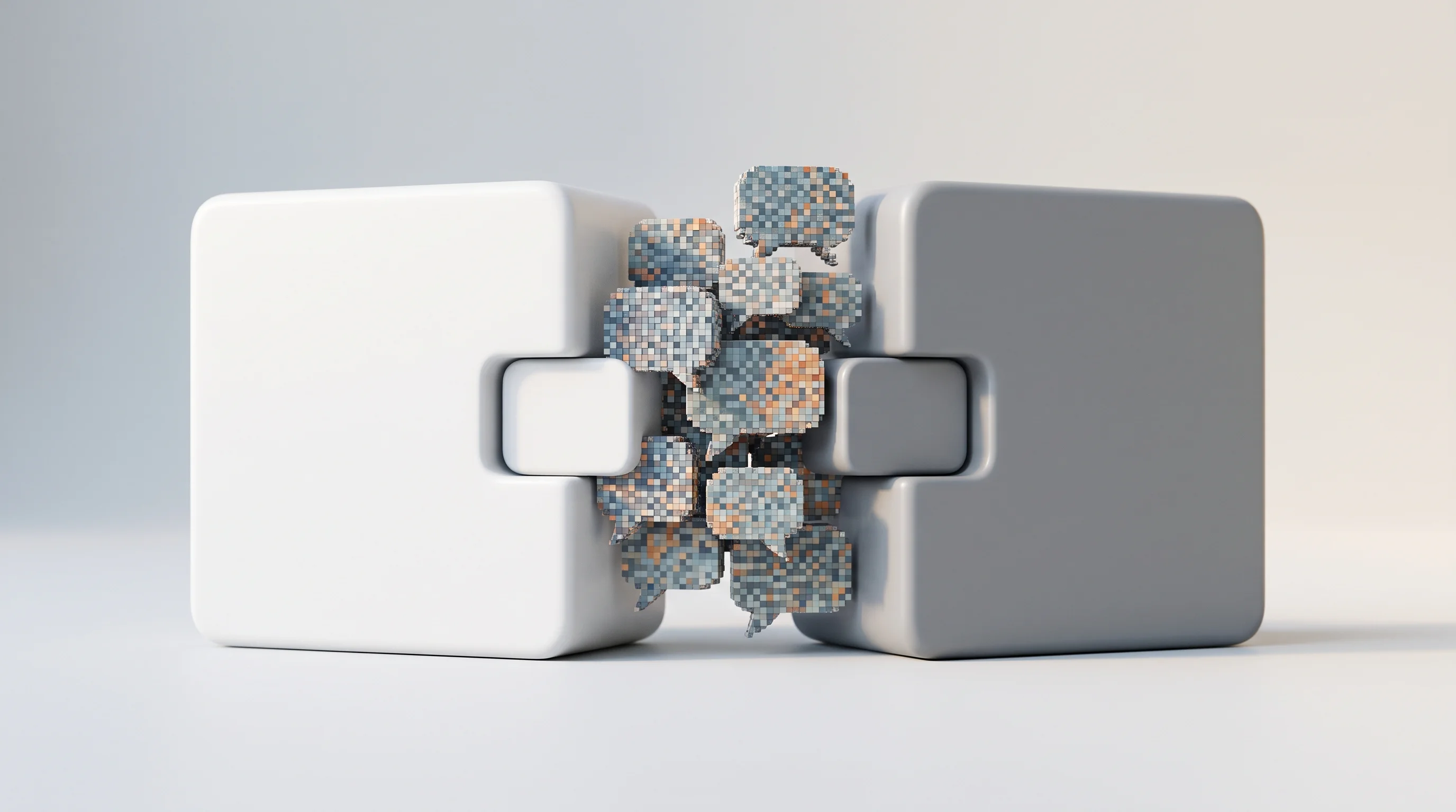 Digital illustration for article section "Content Section 6" in "TypeSafe hits $7.5B valuation as decision AI heats up" - A clean, minimalistic conceptual image featuring two sleek, modern geometric blocks representing sof...