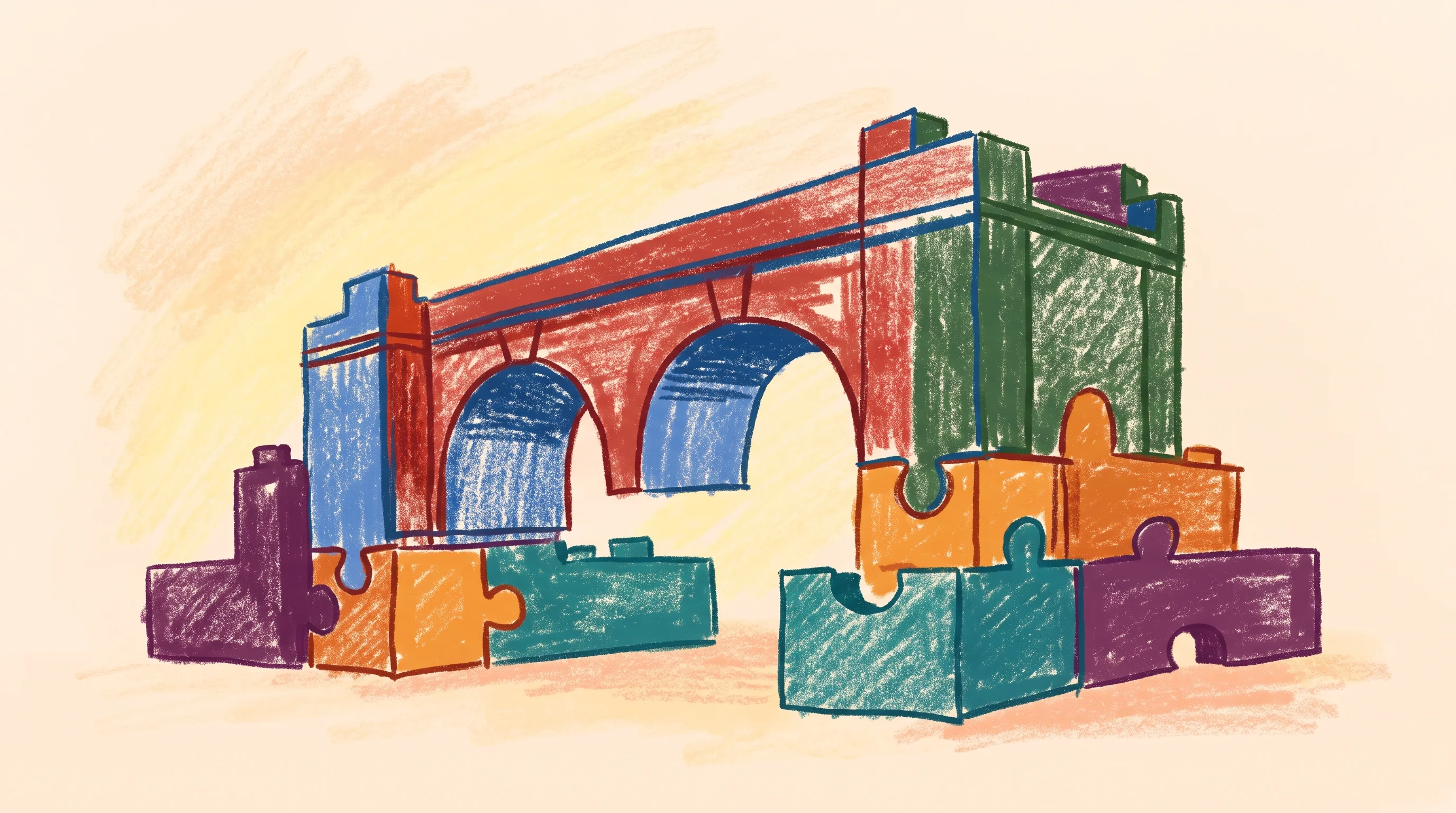 Digital illustration for article section "Content Section 2" in "Altro Health raises $7M to power wellness business clinics" - A conceptual illustration of a sturdy bridge and foundational building blocks seamlessly snapping to...
