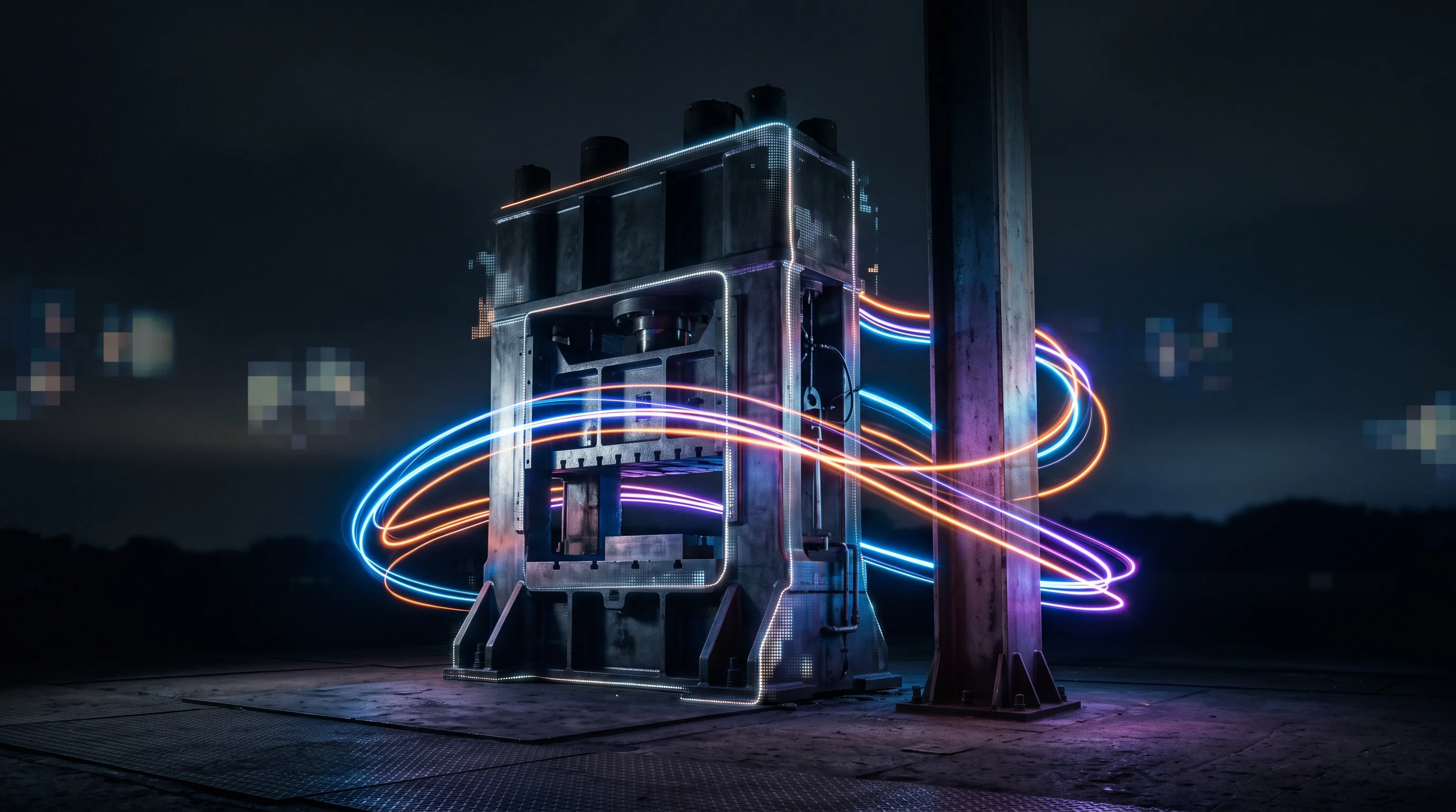 Digital illustration for article section "Content Section 5" in "Almetra raises $19M to scale AI vision for factory floors" - A conceptual, minimalist composition featuring a singular, monumental industrial forging press and a...