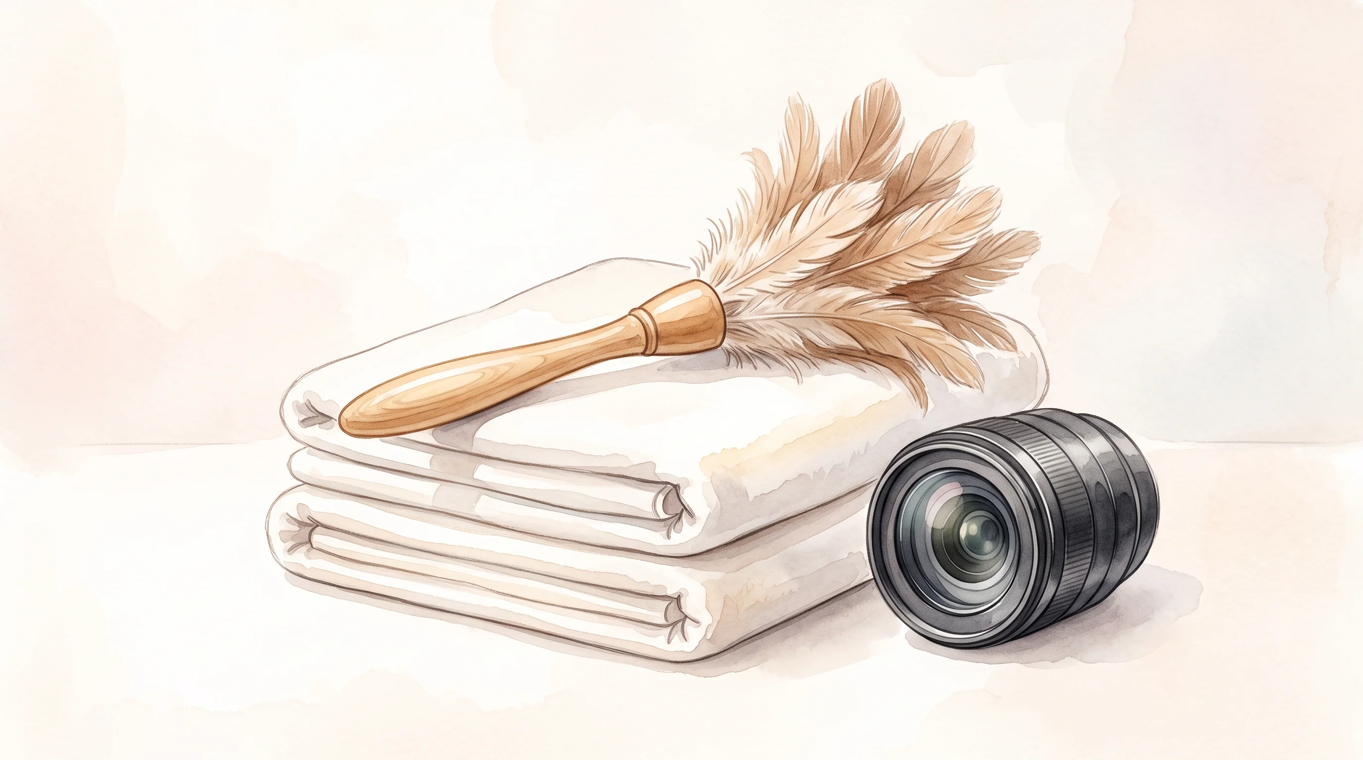 Digital illustration for article section "The Free Cleaning Experiment" in "MicroAGI hits $100M revenue run rate training robots" - A clean and minimalist watercolor illustration of a pristine wooden-handled feather duster resting g...