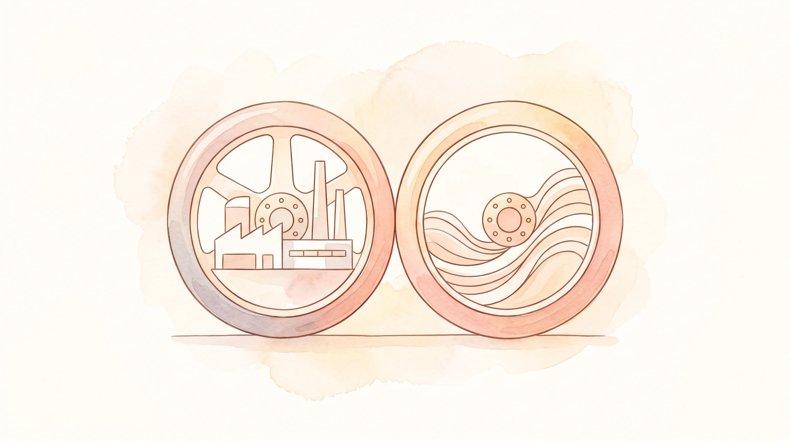 Digital illustration for article section "The Business Model's Two Engines" in "MicroAGI hits $100M revenue run rate training robots" - A conceptual, minimalist illustration of two interconnected, stylized wheels acting as dual engines ...