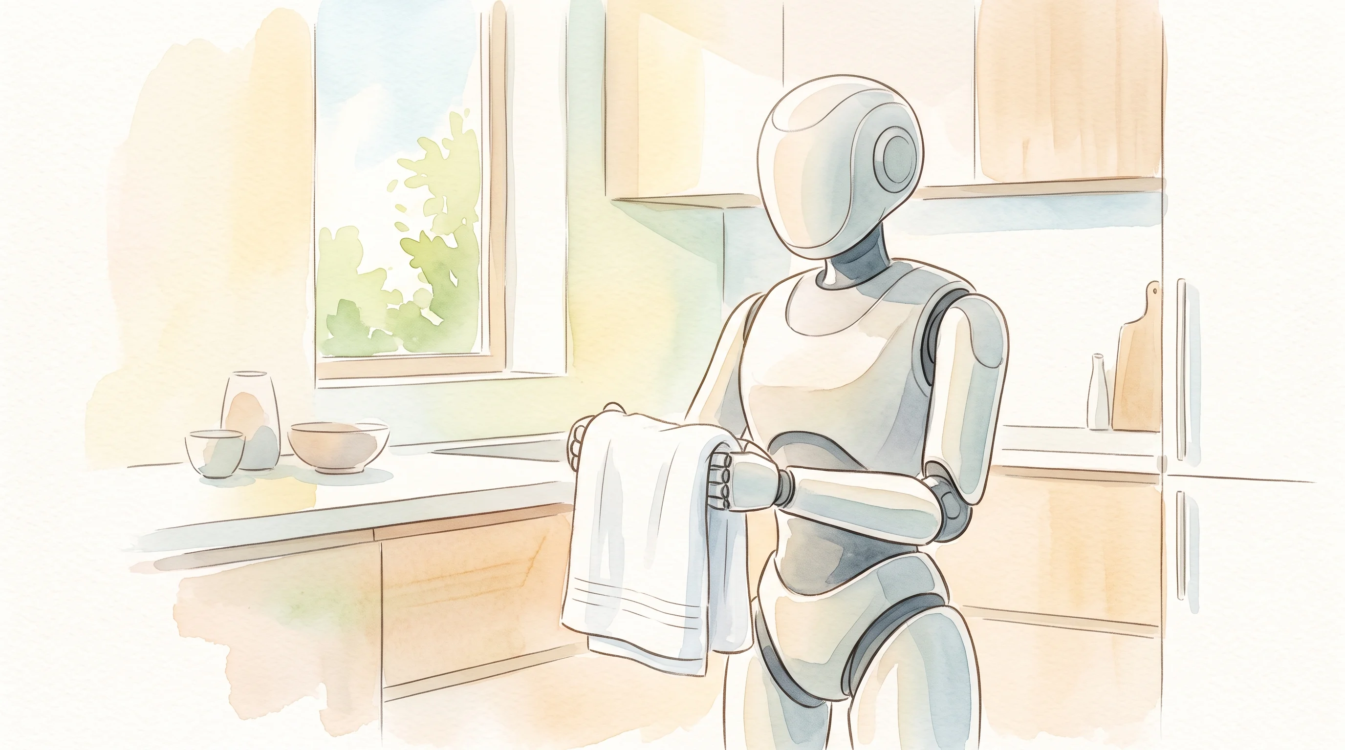 Digital illustration for article section "What the Long Game Looks Like" in "MicroAGI hits $100M revenue run rate training robots" - A sleek, minimalist, contemporary household robot standing in a bright, modern kitchen, autonomously...