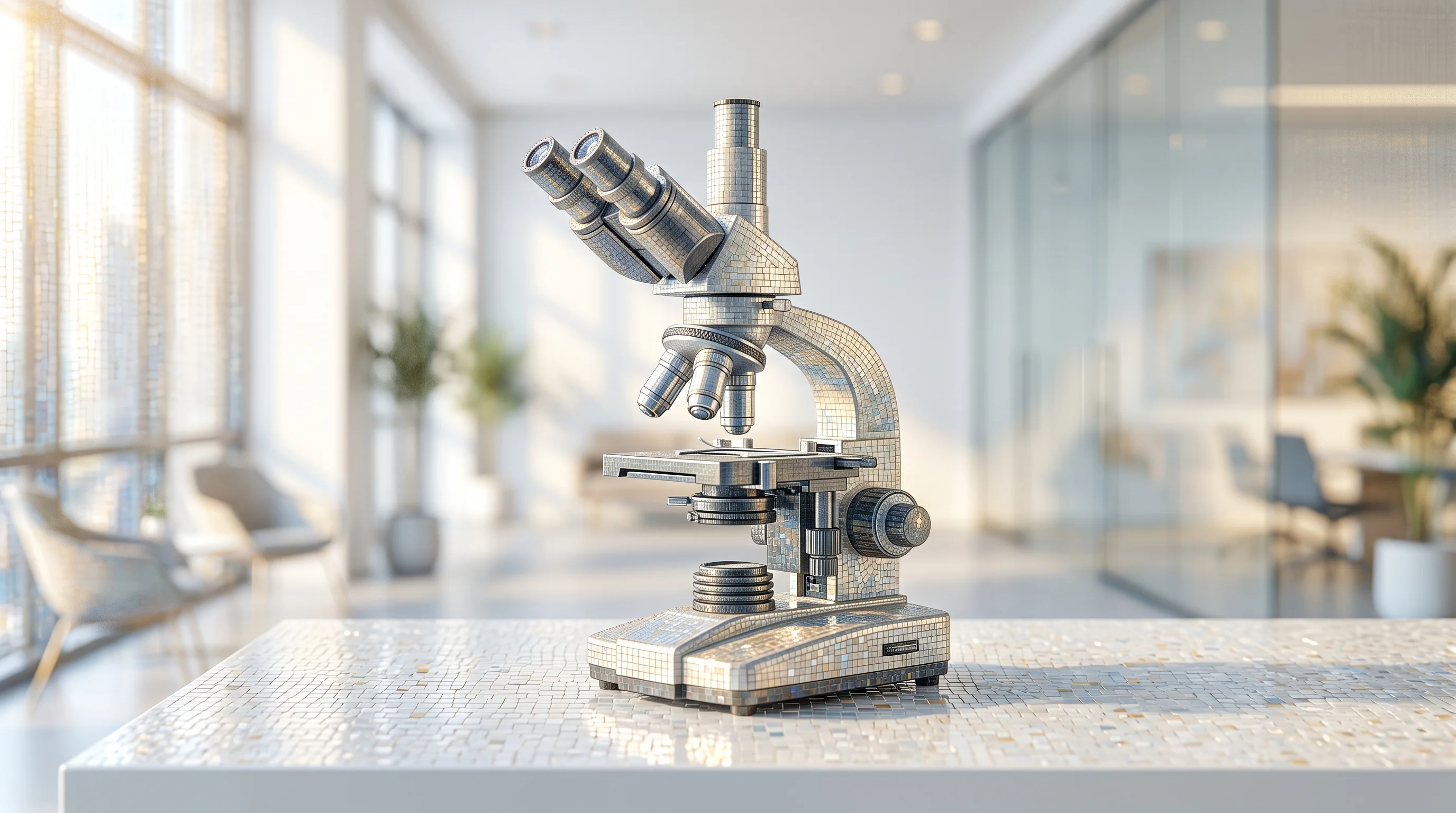 Digital illustration for article section "Content Section 3" in "Onyx Bio raises $8M to build virtual immune system" - A sleek, modern microscope resting on a pristine, minimalist desk in a bright contemporary office sp...
