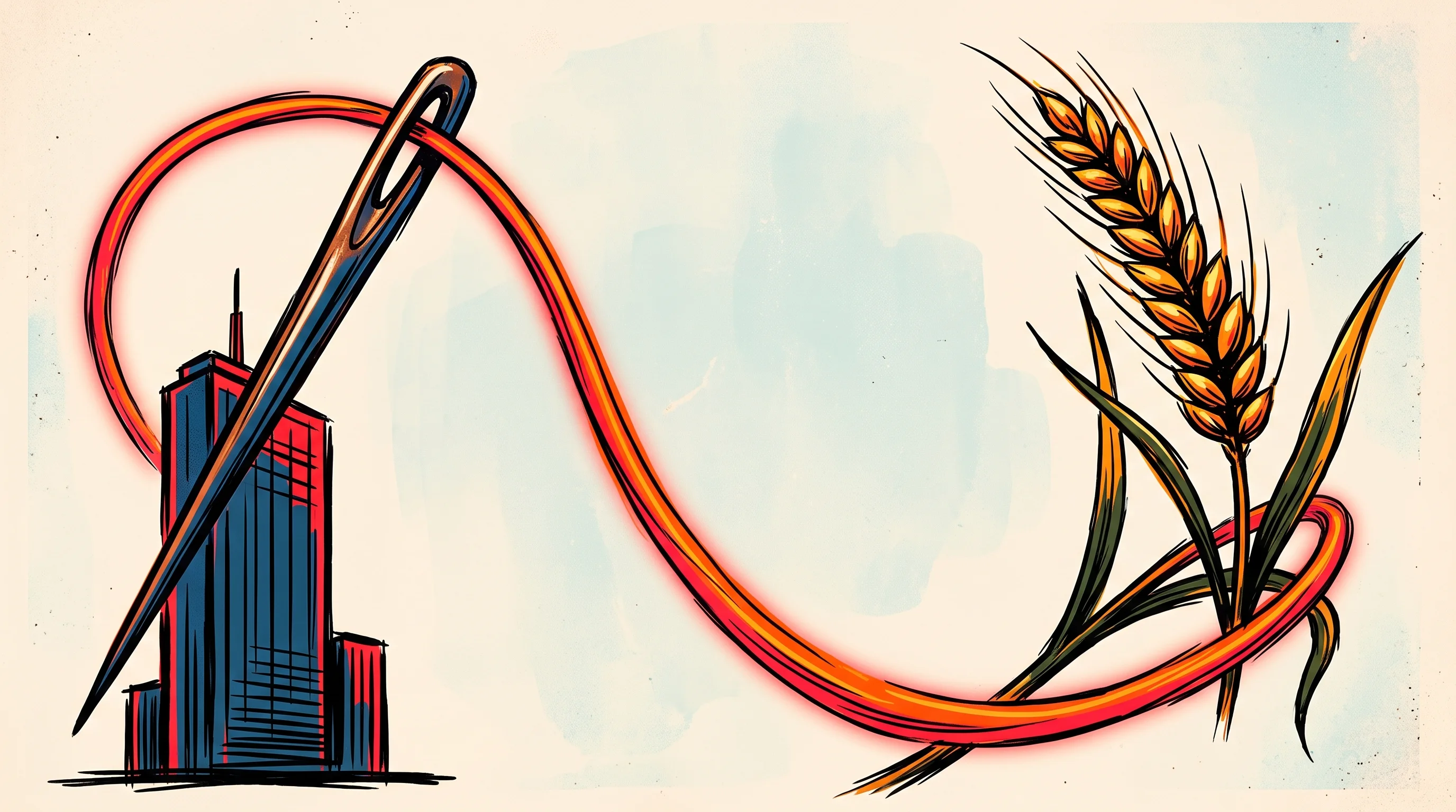 Digital illustration for article section "Content Section 3" in "CarbonFarm raises $7.8M to scale rice emissions monitoring" - A striking, conceptual illustration of a large, stylized needle threading a bold, sweeping thread th...