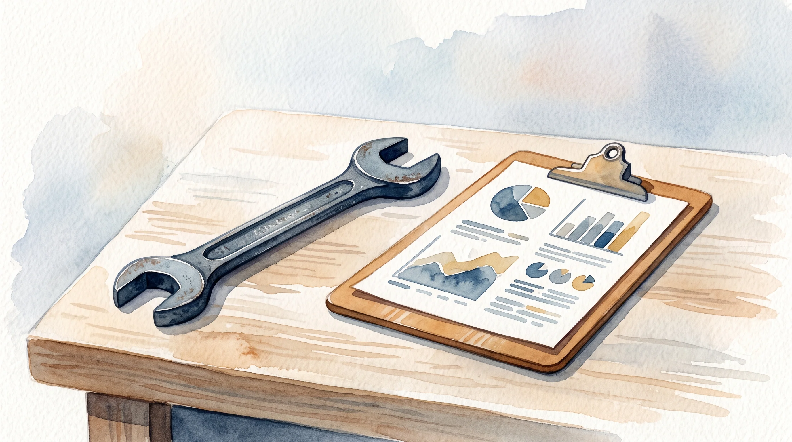 Digital illustration for article section "Content Section 2" in "Rodeo Robotics launches robotic technician for fleet maintenance" - A conceptual and minimalist composition featuring a single, heavy-duty mechanic's wrench resting ele...