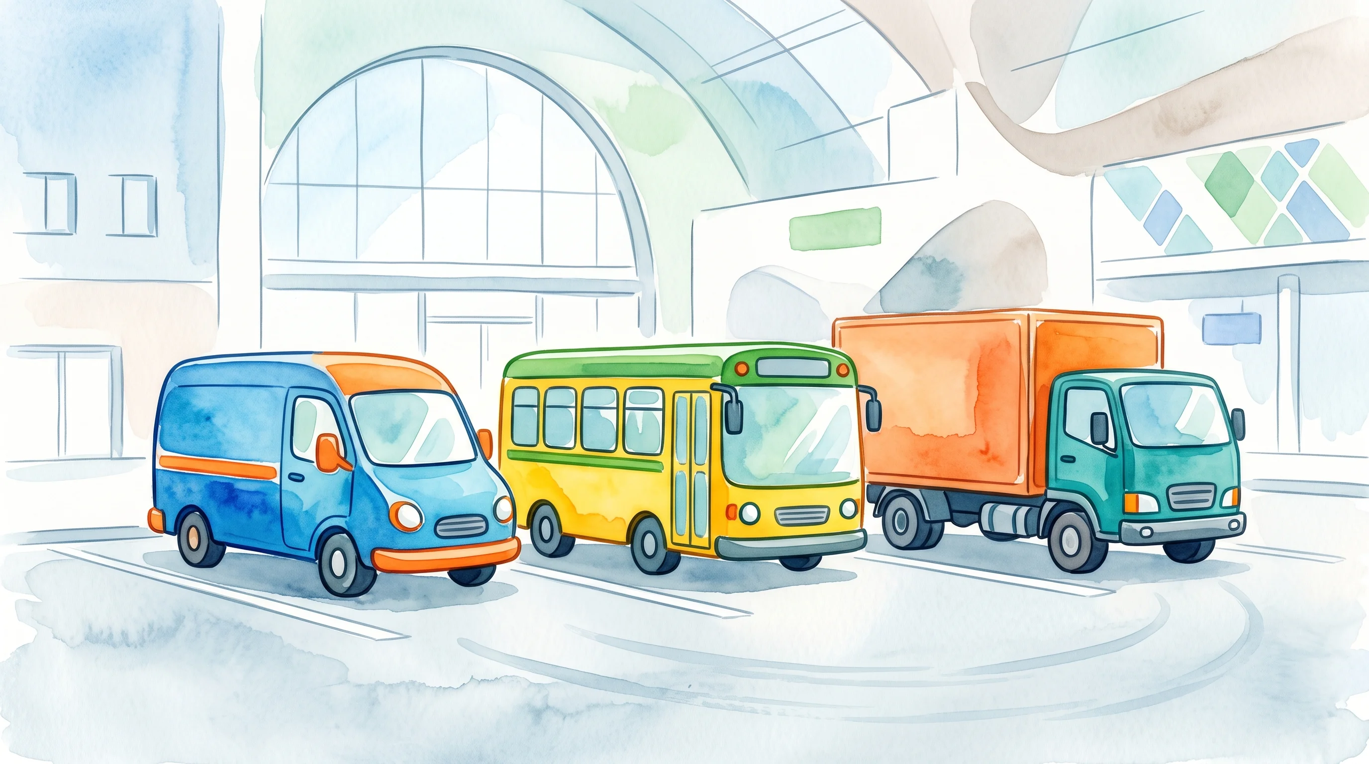 Digital illustration for article section "Content Section 4" in "Rodeo Robotics launches robotic technician for fleet maintenance" - A clean, minimal conceptual illustration of a centralized vehicle fleet, featuring a stylized delive...
