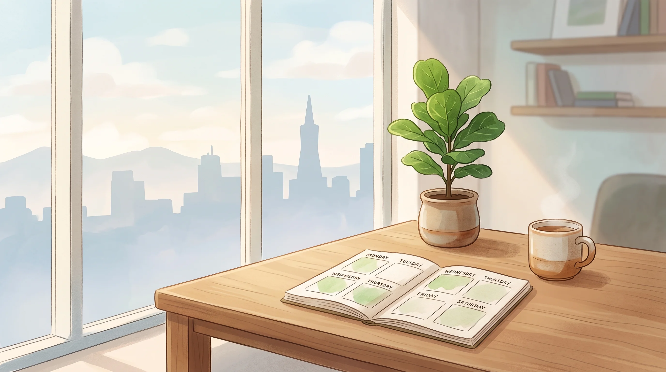 Digital illustration for article section "Content Section 5" in "Synthetic raises $10M to replace bookkeepers with AI" - A serene, minimalist illustration of a modern San Francisco startup office desk positioned by a larg...