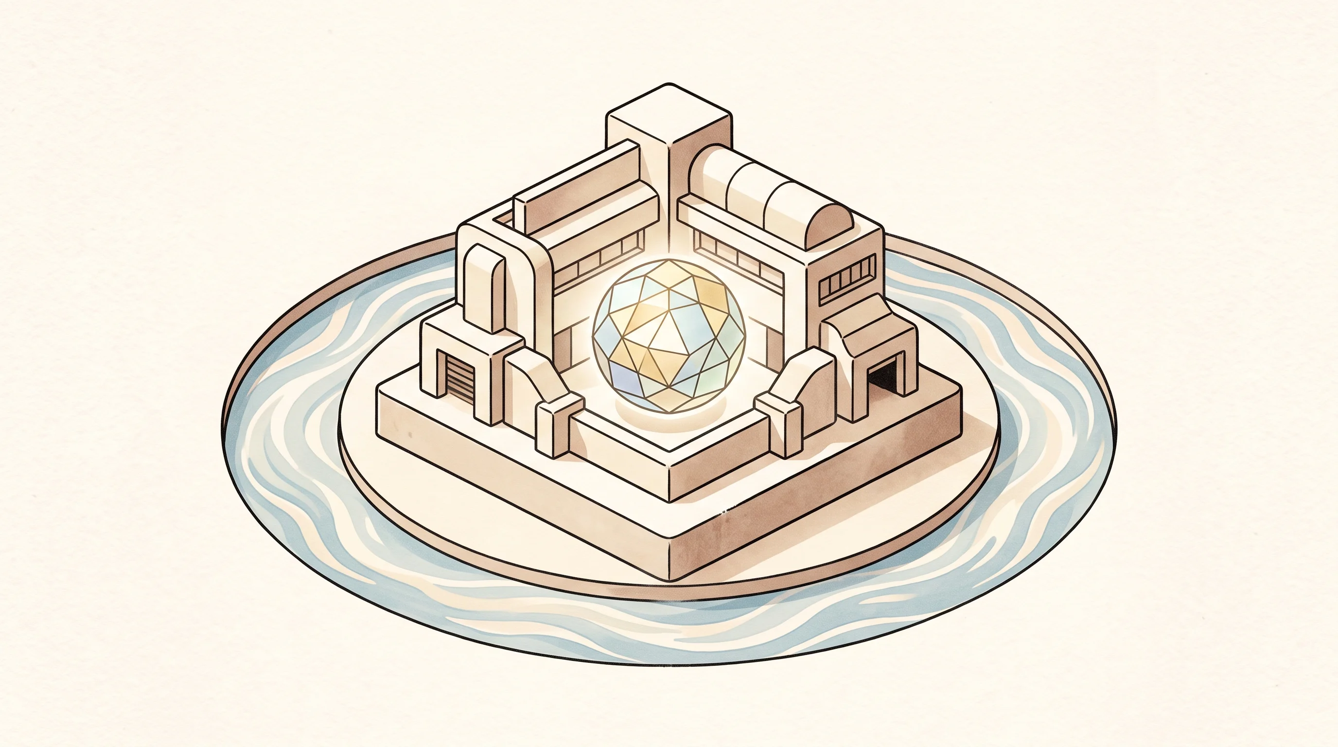 Digital illustration for article section "Distribution as Moat" in "Affinity Labs raises $2M to build apps with creators" - A minimalist, conceptual illustration of a sturdy, modern architectural foundation representing crea...