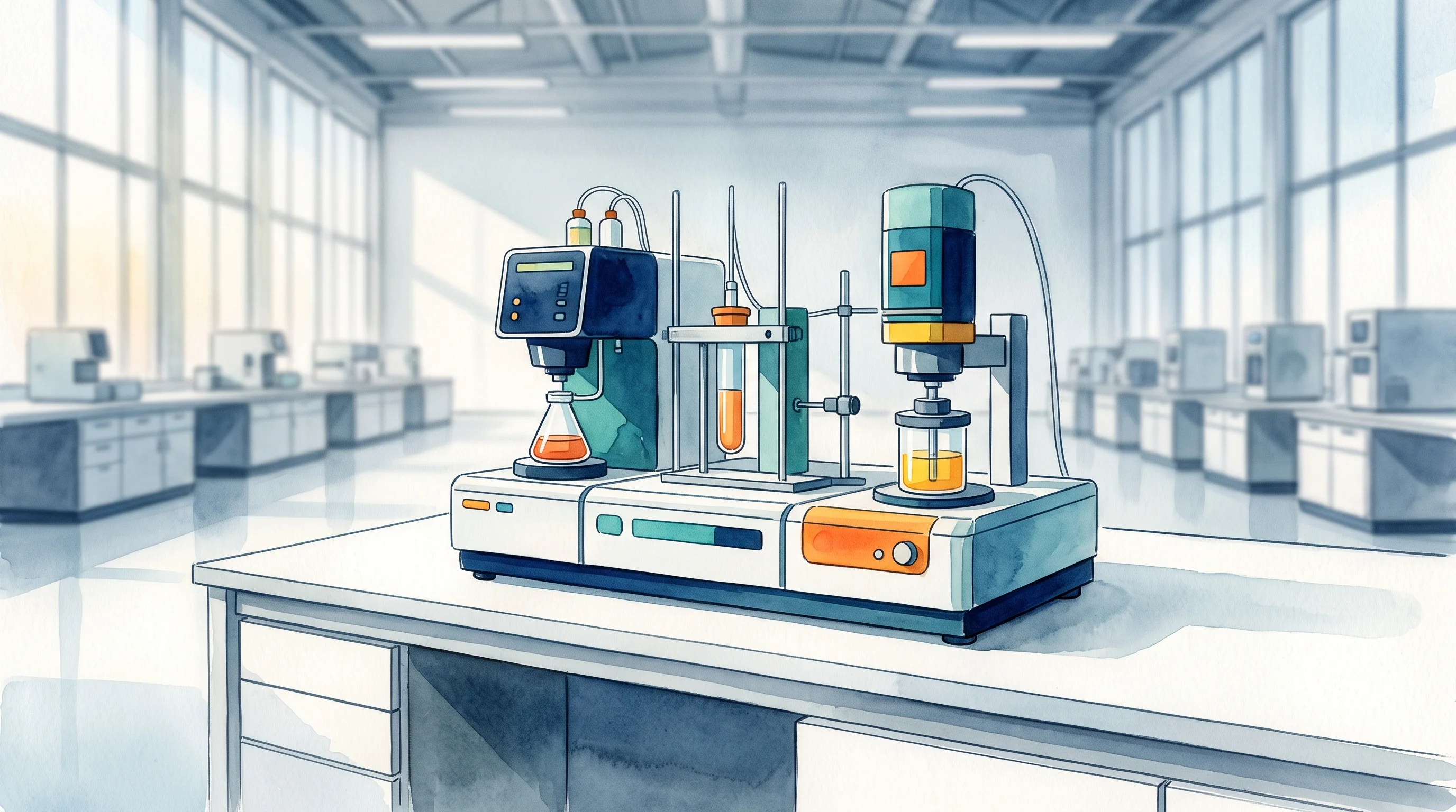 Digital illustration for article section "Isotopes First, Electricity Later" in "Cambridge Heavy Industries raises $6.2M for desktop fusion" - A clean, modern modular scientific benchtop apparatus designed for isotope extraction rests on a pri...