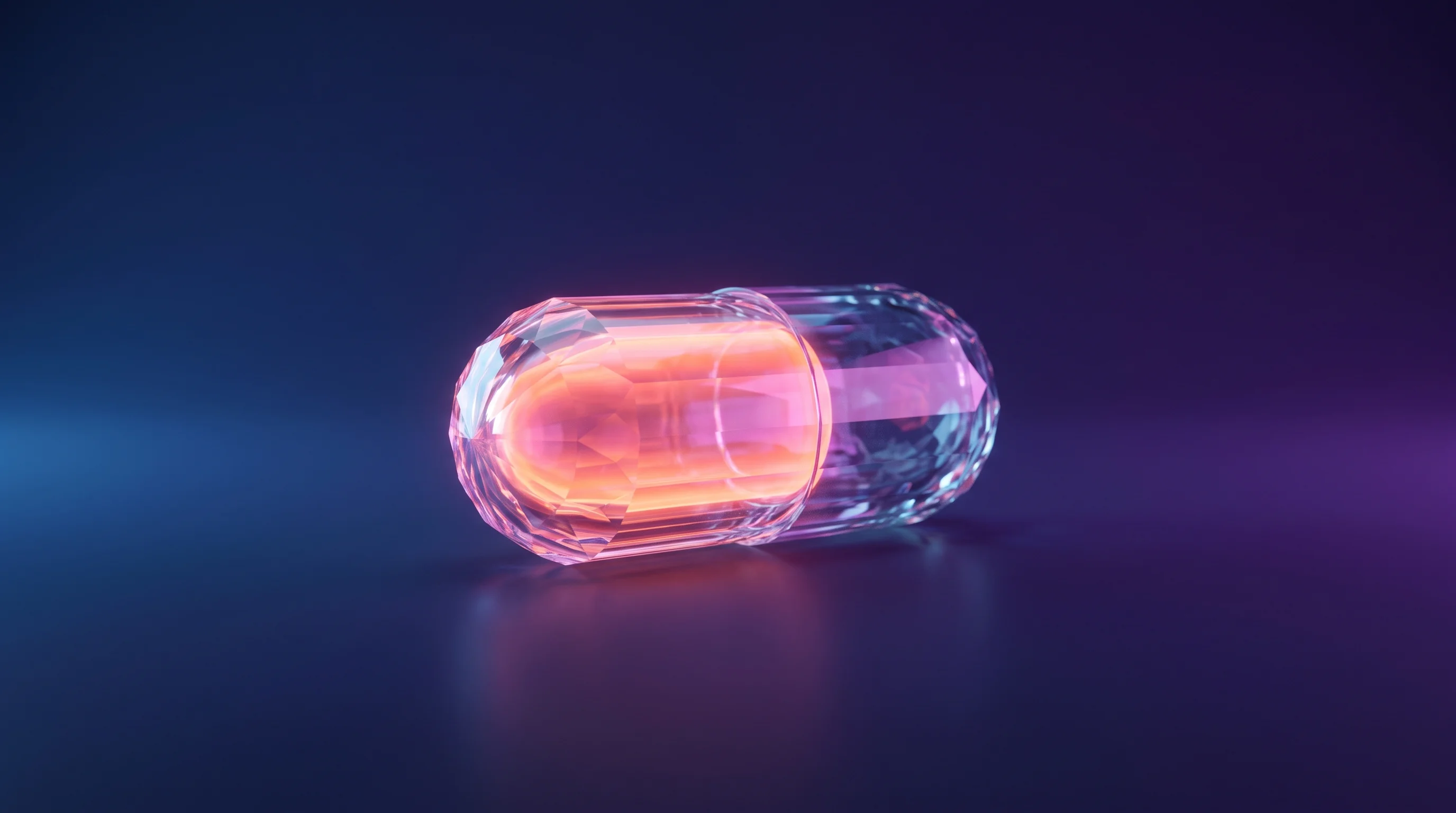 Digital illustration for article section "India's Import Substitution Push" in "NuSynth raises $4M to redesign chemical synthesis with AI" - A single, oversized, translucent crystal pharmaceutical capsule resting on a sleek, minimalist surfa...