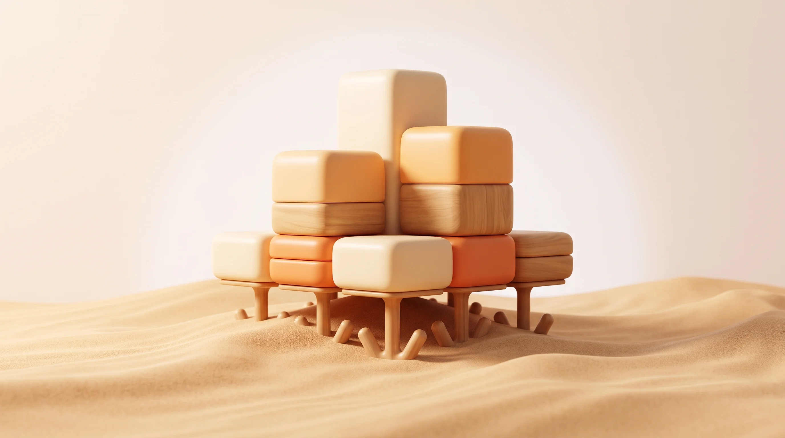 Digital illustration for article section "Building on Quicksand" in "AI model advances outpace startup product cycles" - A clean, minimal 3D rendered composition in a modern, sophisticated cartoon style featuring a sleek,...