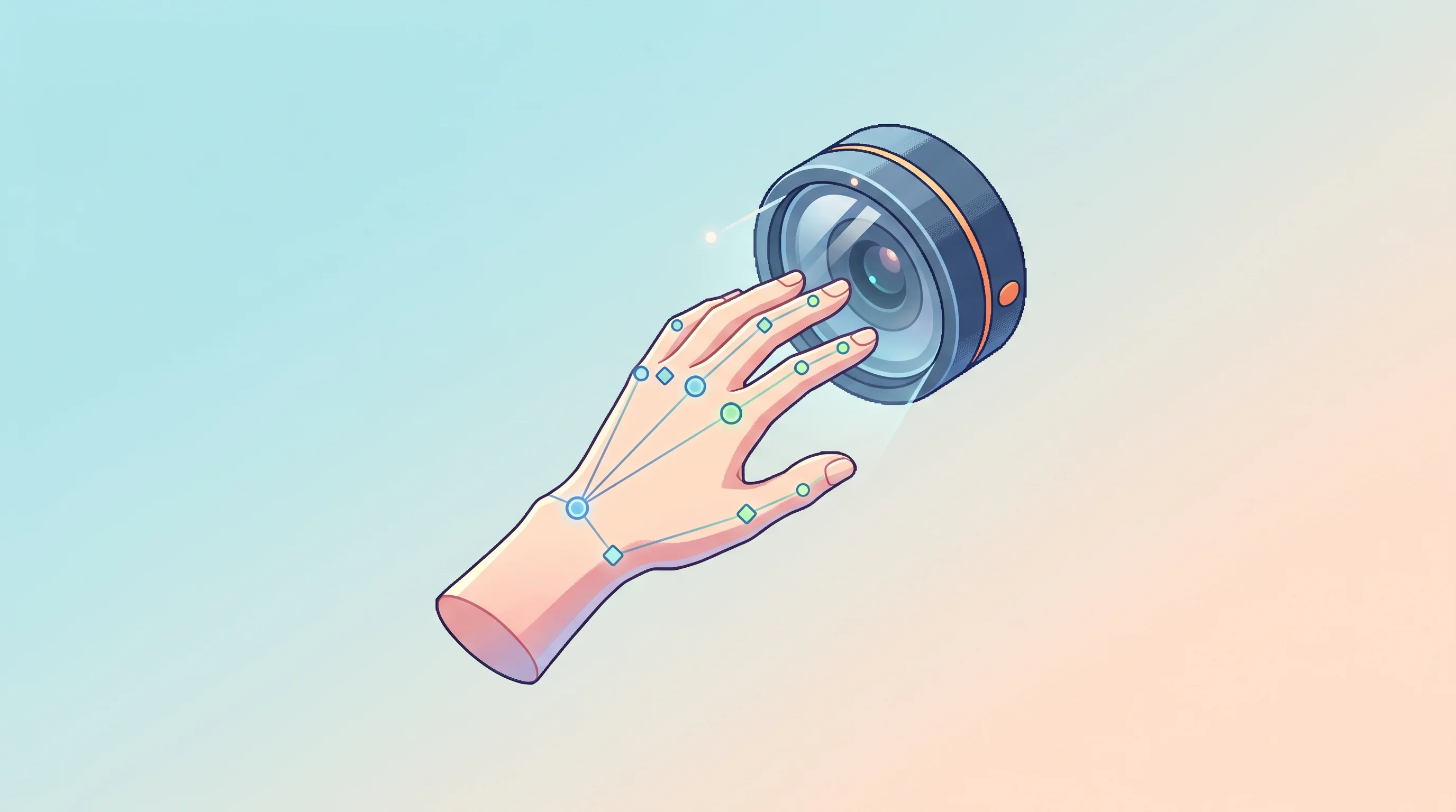 Digital illustration for article section "Content Section 2" in "Hemlock launches force-sensing wristband for robotic AI training" - A clean, minimalist top-down isometric composition illustrating wearable-free hand pose estimation, ...