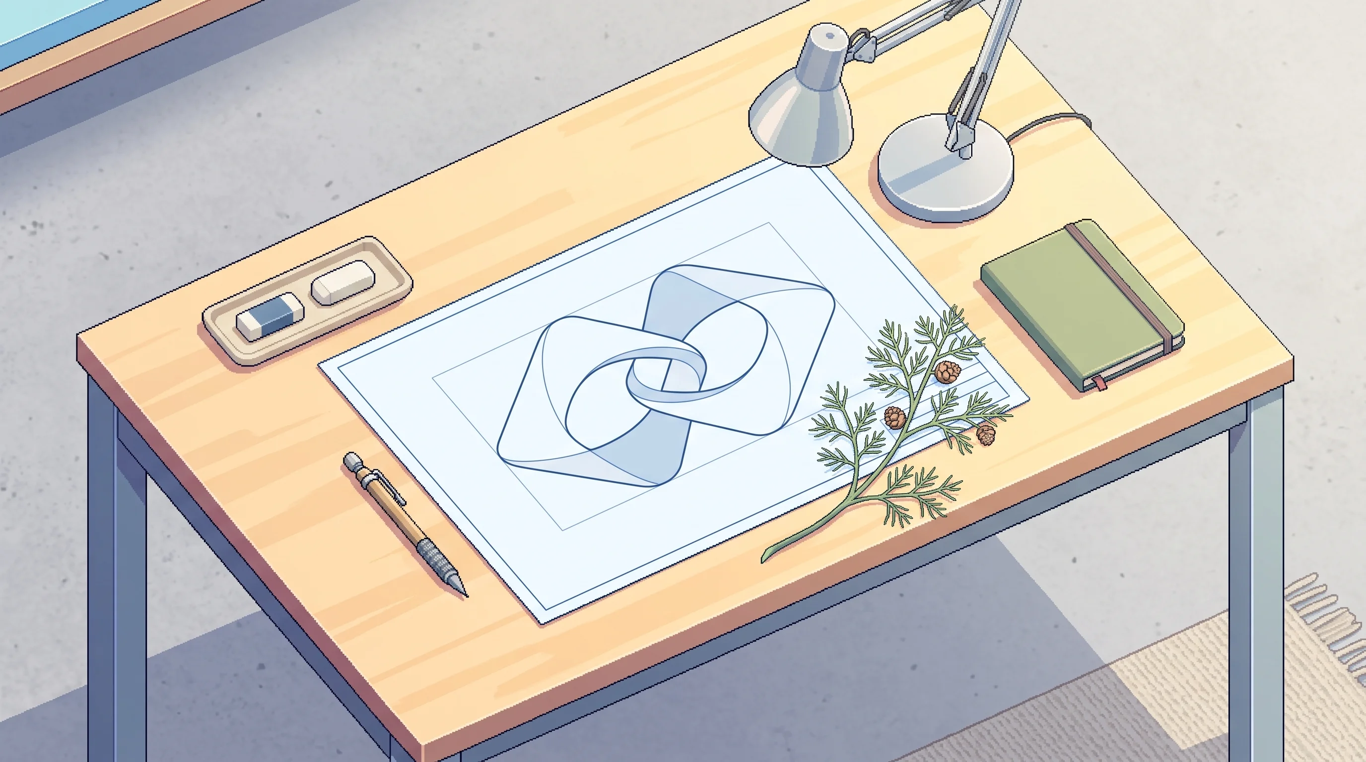 Digital illustration for article section "Content Section 3" in "Hemlock launches force-sensing wristband for robotic AI training" - A clean, minimal top-down isometric view of a modern drafting desk symbolizing the transition from e...