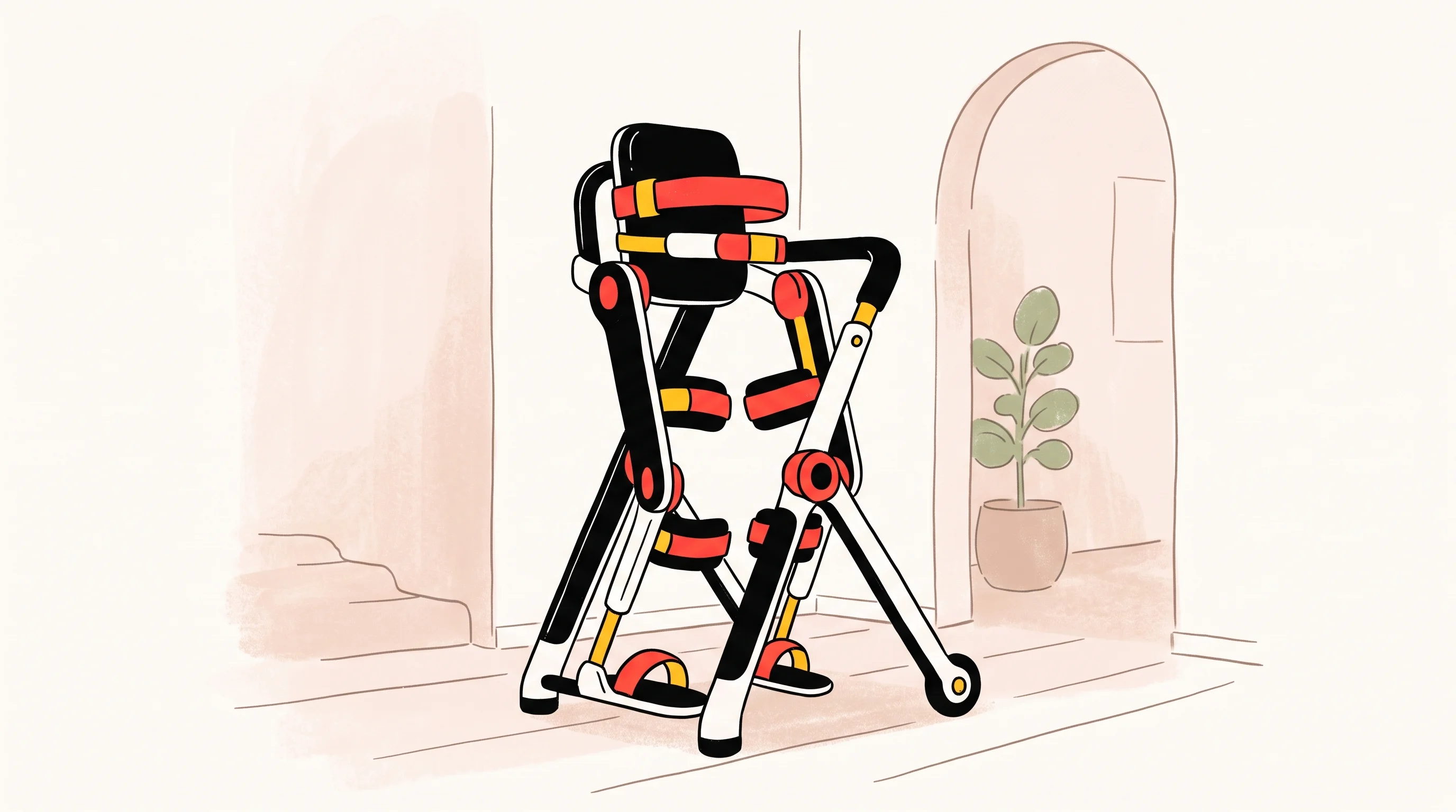 Digital illustration for article section "Consumer Ambitions" in "HUROTICS raises $18.6M for medical exosuit technology" - A minimalist, modern lightweight daily walking-assist robotic device designed for everyday consumer ...